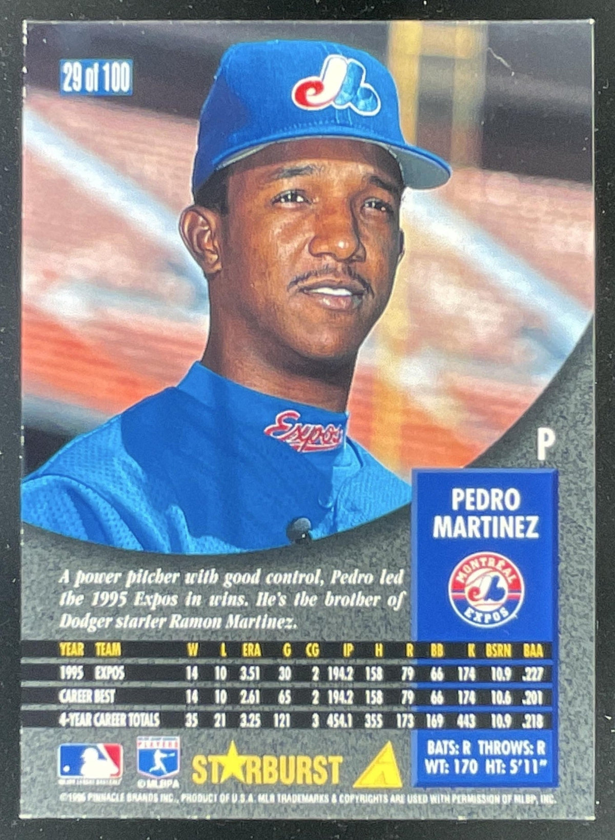 1996 Pinnacle Starburst #29 Pedro Martinez product image 2, provided for visual reference and product detail review