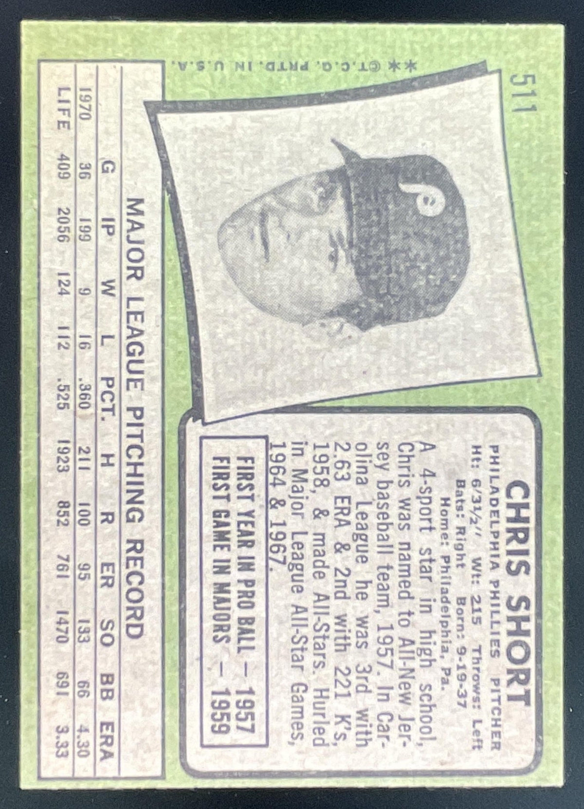 1971 Topps #511 Chris Short product image 2, provided for visual reference and product detail review