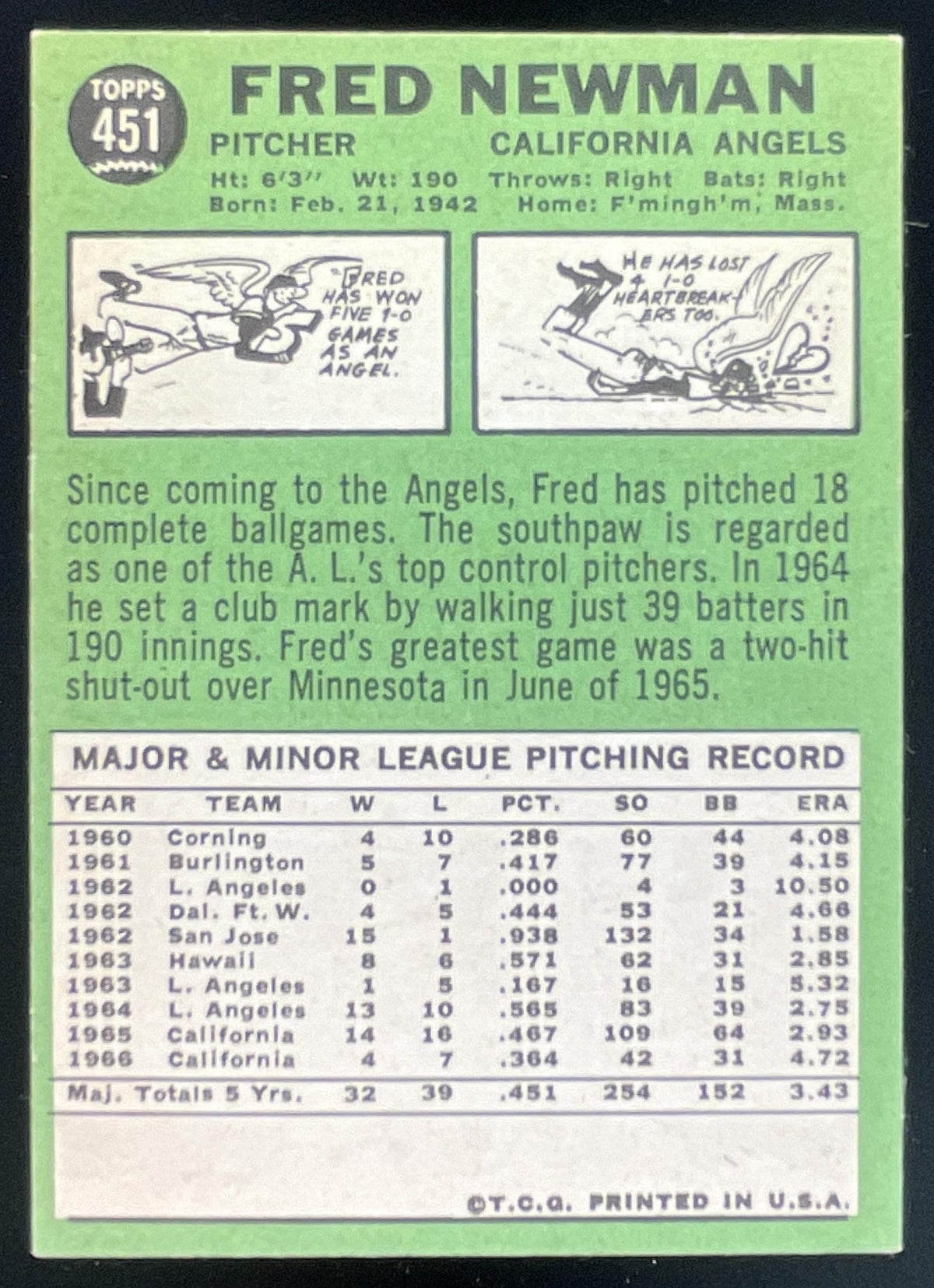 1967 Topps #451 Fred Newman product image 2, provided for visual reference and product detail review