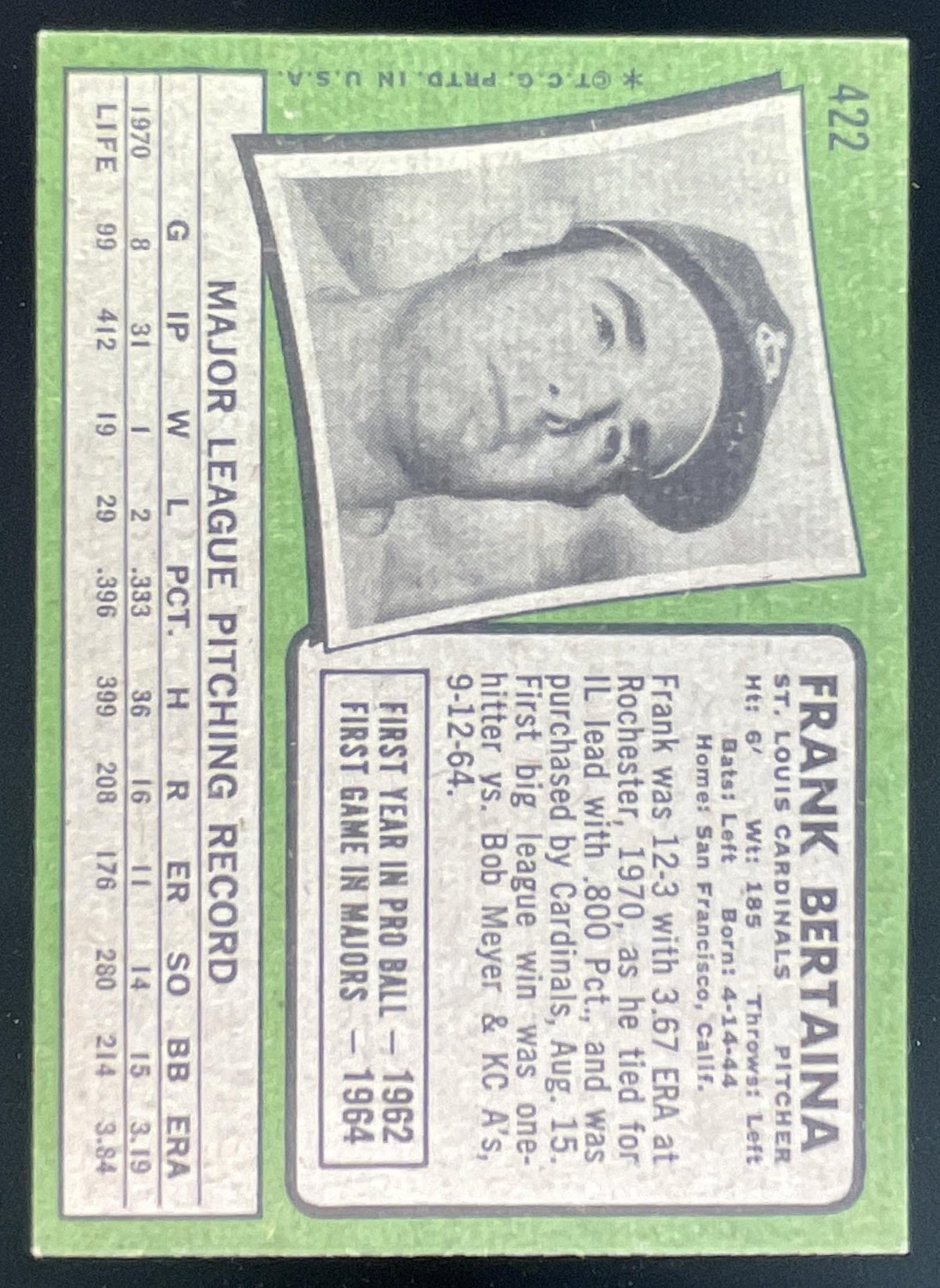 1971 Topps #422 Frank Bertaina product image 2, provided for visual reference and product detail review