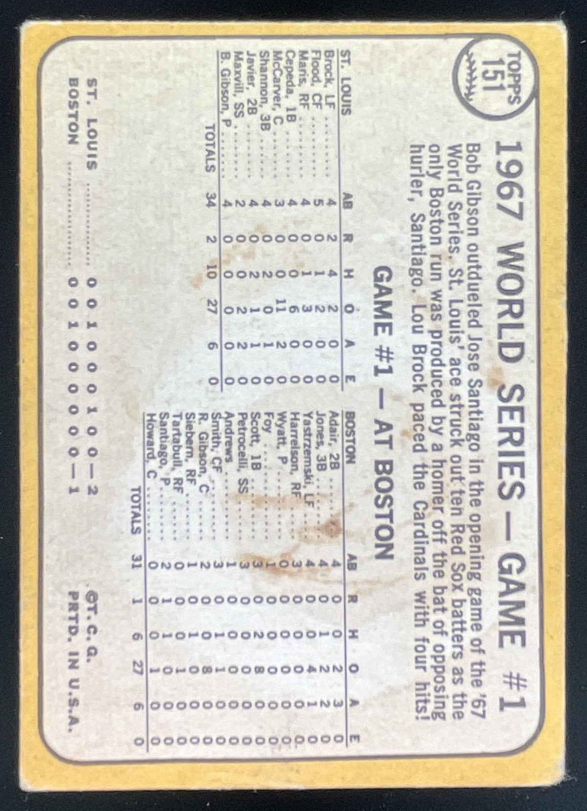 1968 Topps #151 World Series Game #1 - Brock Socks 4-Hits in Opener product image 2, provided for visual reference and
