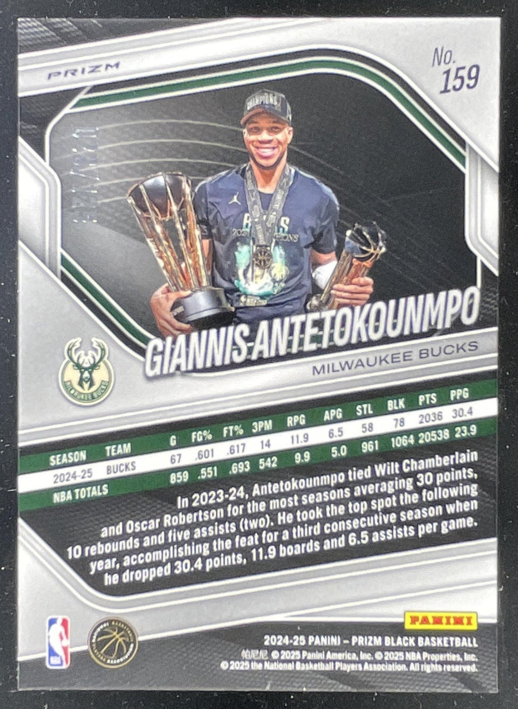 2024-25 Panini Prizm Black Blue Ice Prizms #159 Giannis Antetokounmpo /125 product image 2, provided for visual reference