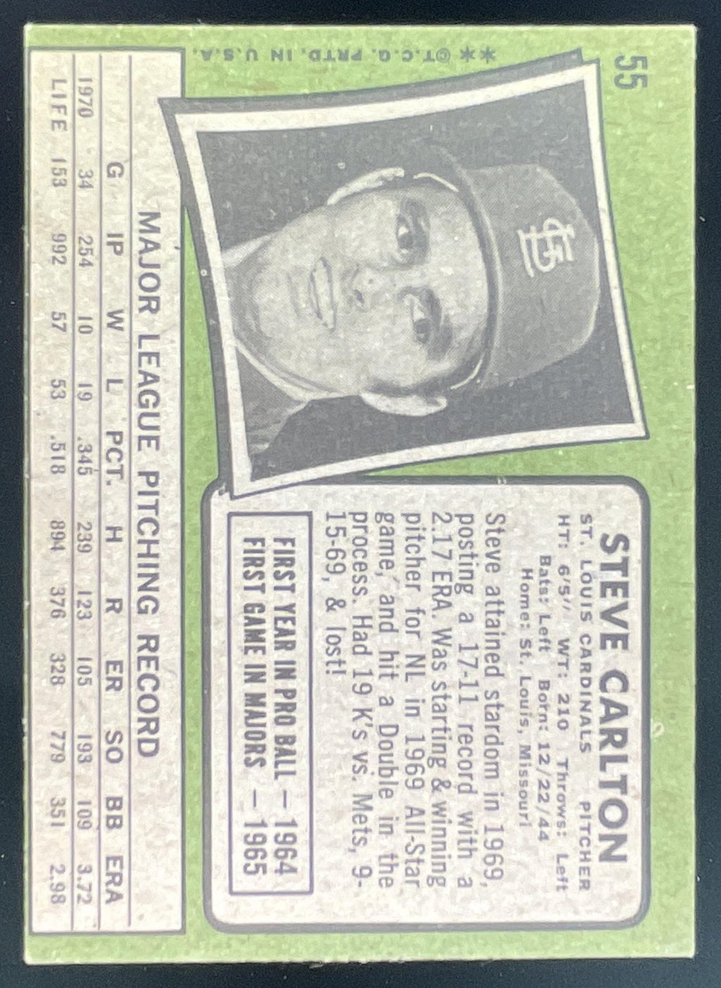 1971 Topps #55 Steve Carlton product image 2, provided for visual reference and product detail review
