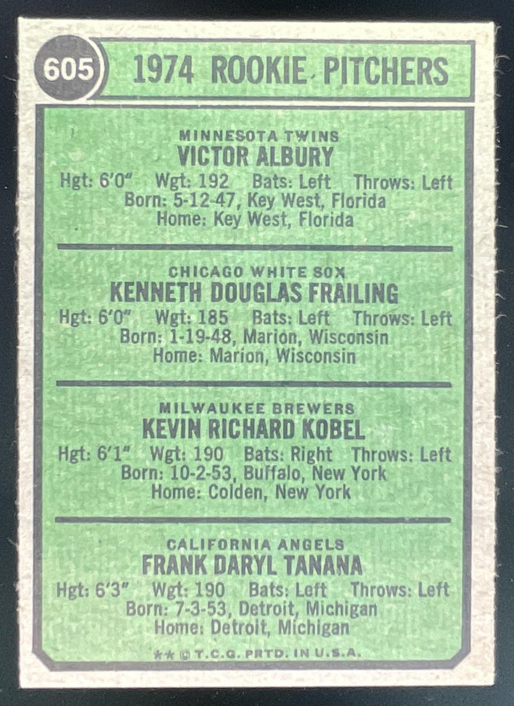 1974 Topps #605 1974 Rookie Vic Albury Ken Frailing Kevin Kobel Frank Tanana RC product image 2, provided for visual