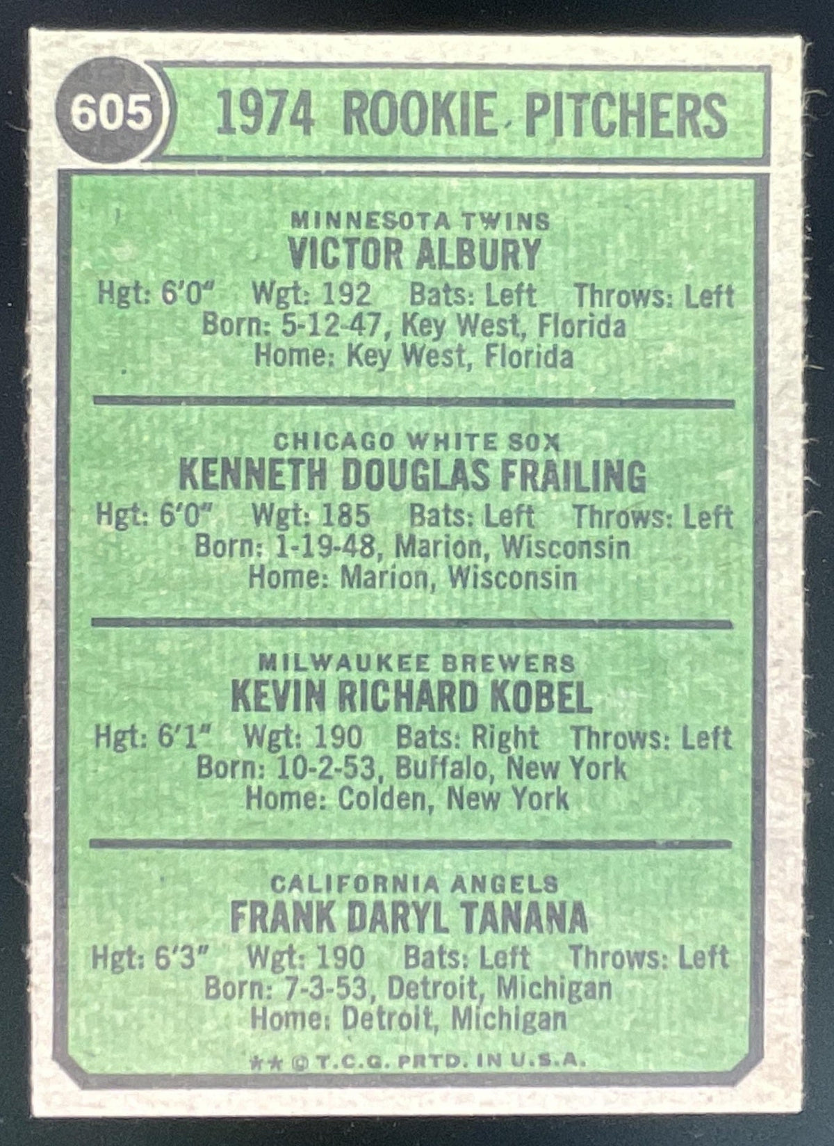 1974 Topps #605 1974 Rookie Vic Albury Ken Frailing Kevin Kobel Frank Tanana RC product image 2, provided for visual