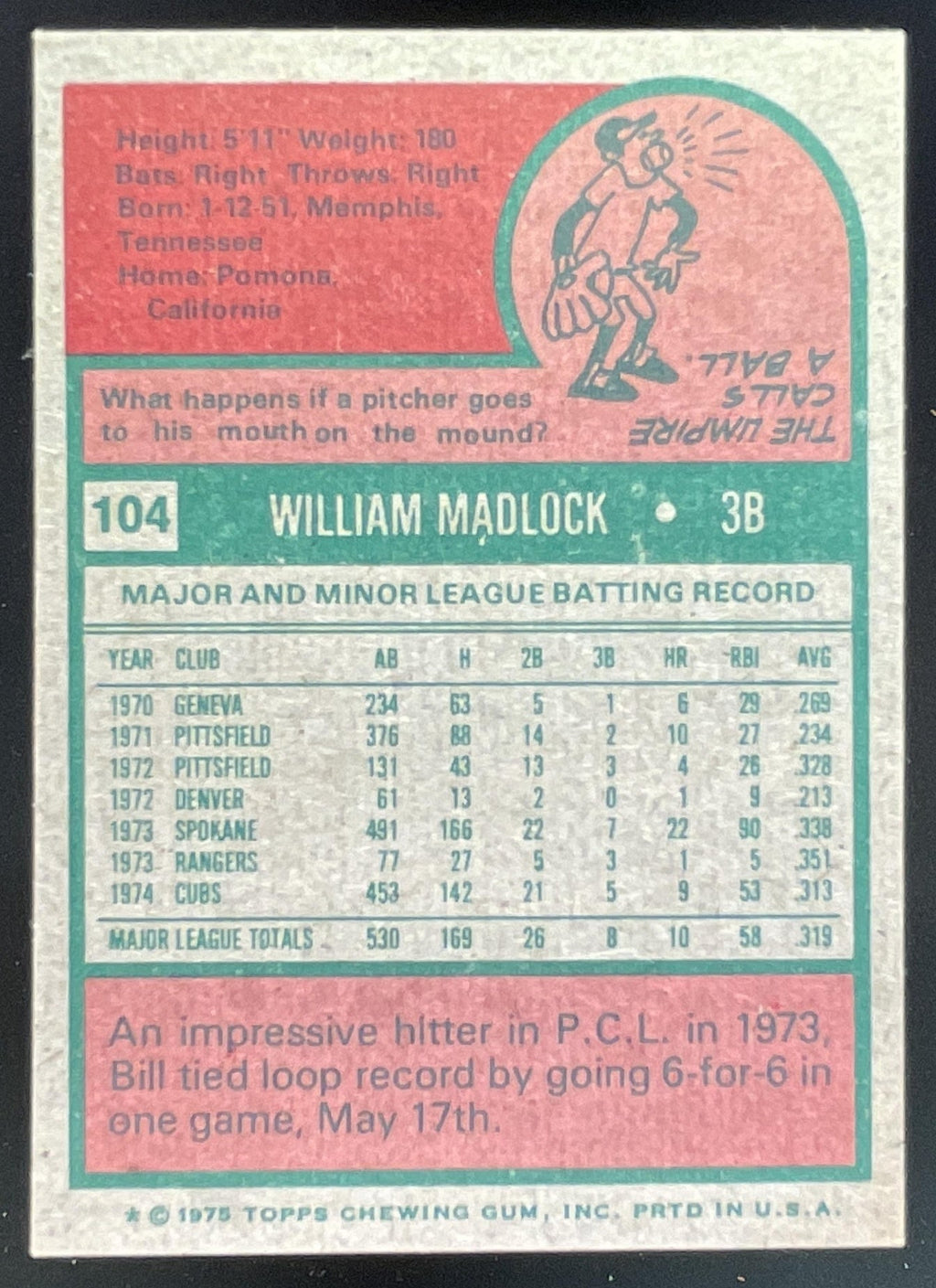 1975 Topps #104 Bill Madlock Super Rookie All-Star ROOKIE product image 2, provided for visual reference and product detail