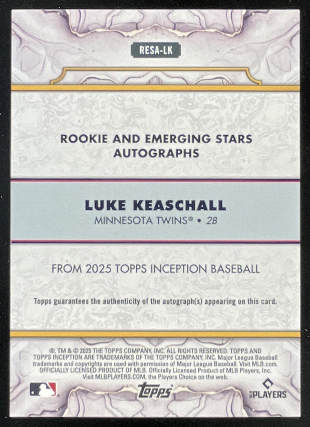 2025 Topps Inception Rookies And Emerging Stars #RESA-LK Luke Keaschall RC Auto product image 2, provided for visual