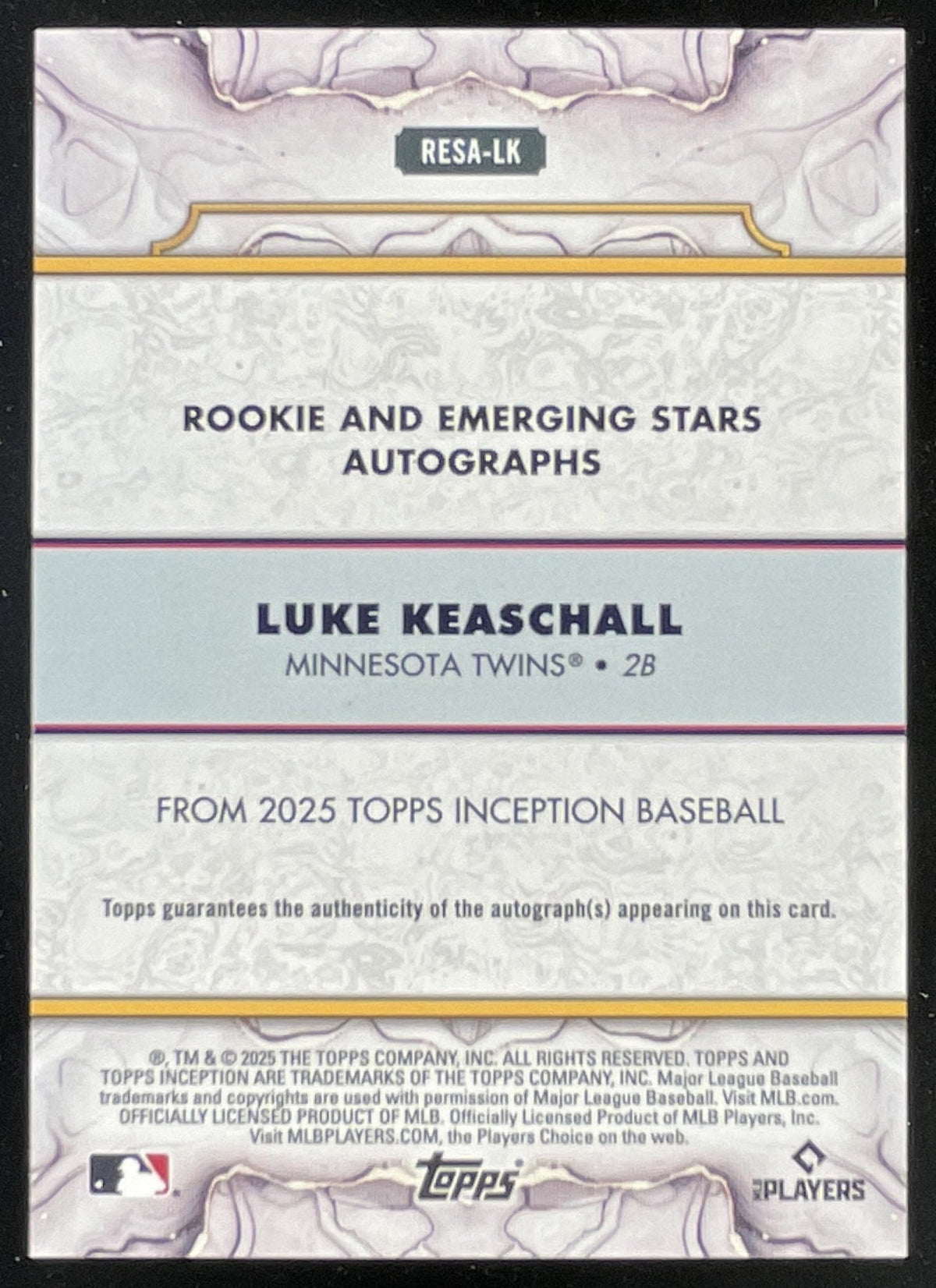 2025 Topps Inception Rookies And Emerging Stars #RESA-LK Luke Keaschall RC Auto product image 2, provided for visual