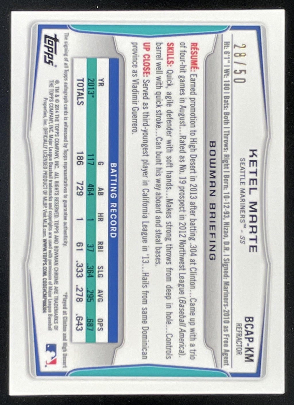 2014 Bowman Chrome Prospect Autographs Black Wave #BCAP-KM Ketel Marte Auto /50 product image 2, provided for visual