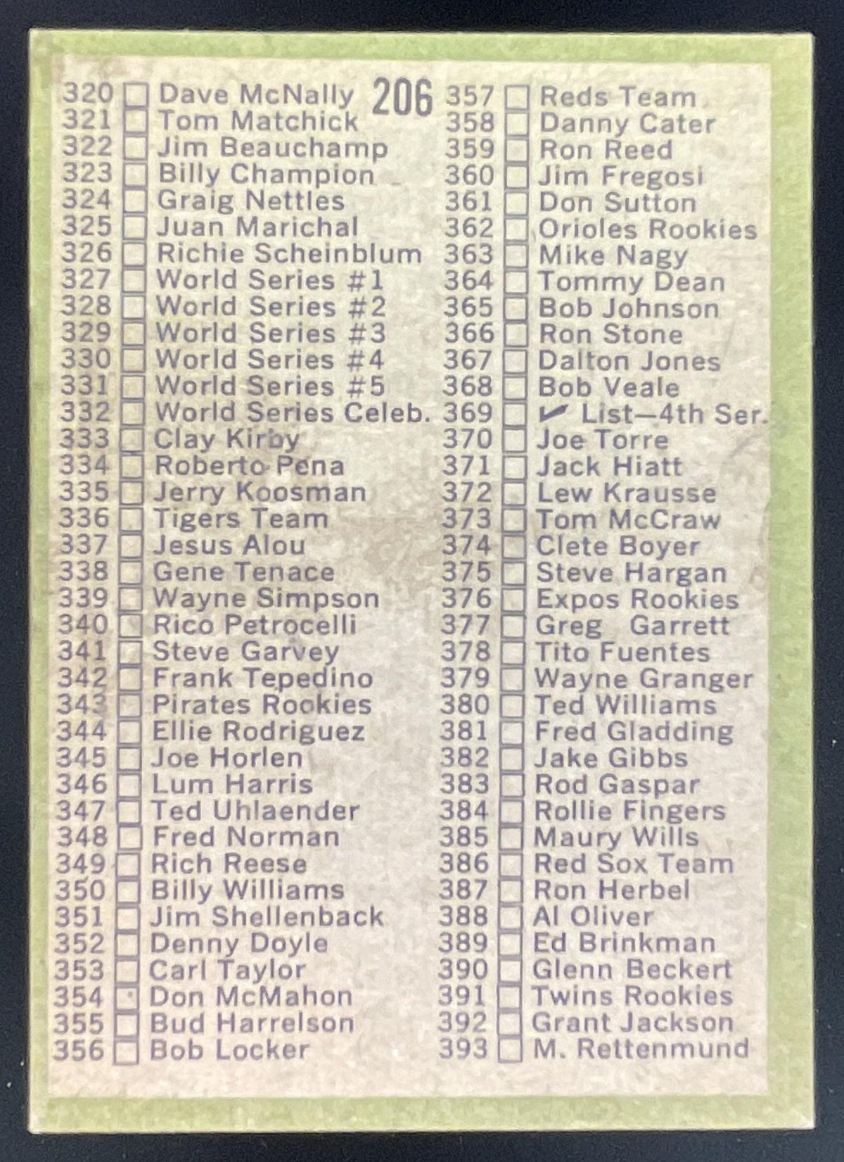1971 Topps #206 Checklist: 264-393 product image 2, provided for visual reference and product detail review