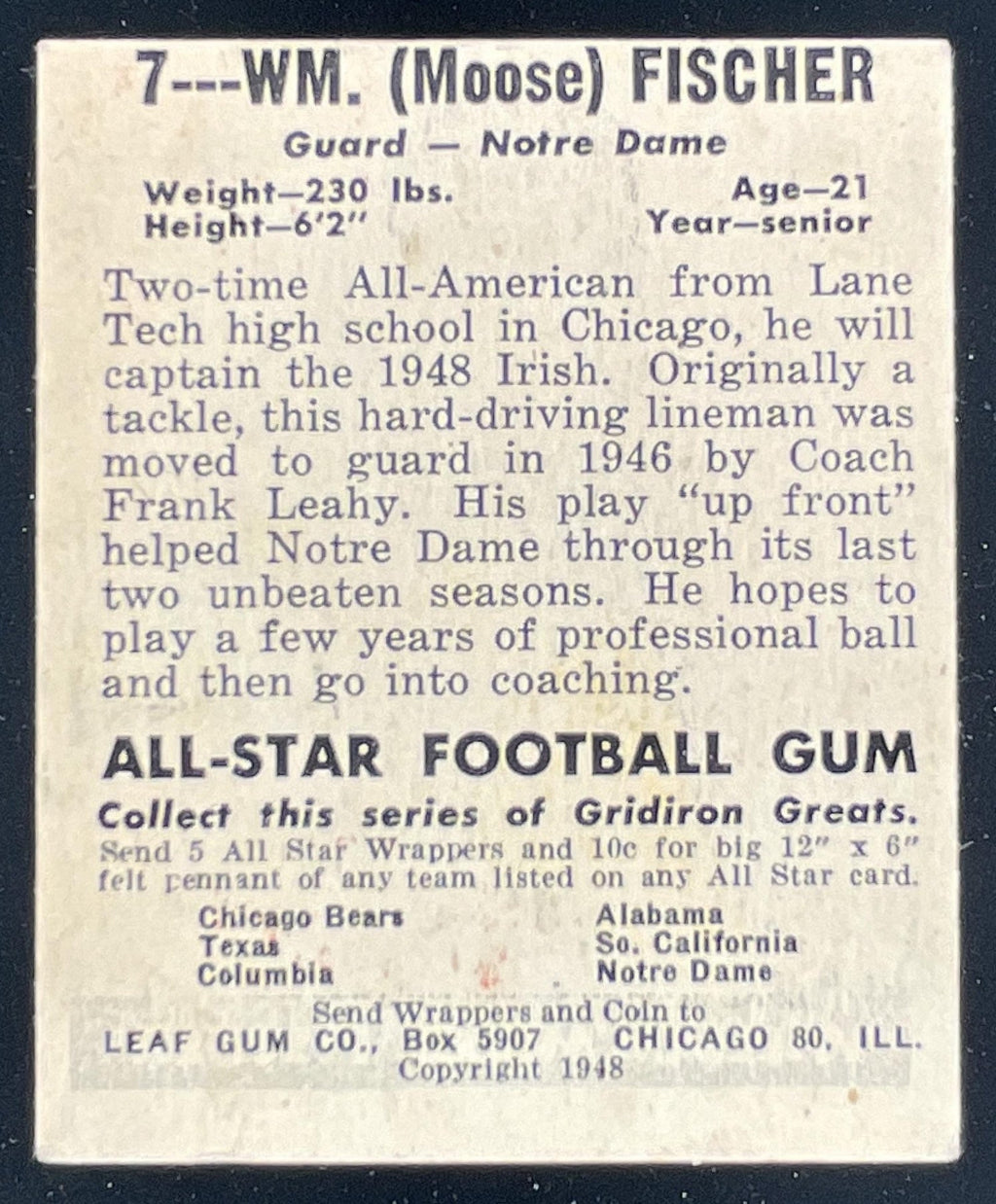 1948 Leaf Football Willam "Moose" Fisher #7 product image 2, provided for visual reference and product detail review