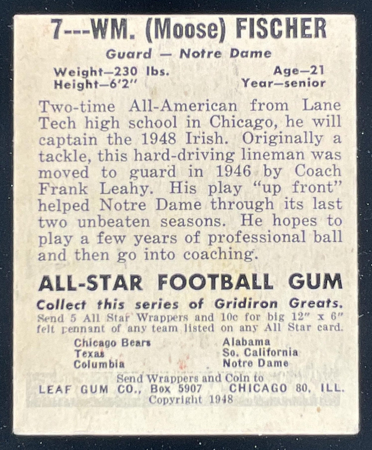 1948 Leaf Football Willam "Moose" Fisher #7 product image 2, provided for visual reference and product detail review