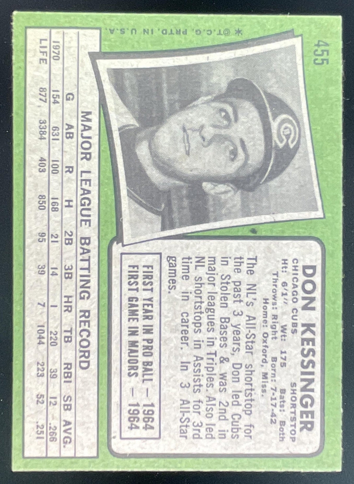 1971 Topps #455 Don Kessinger product image 2, provided for visual reference and product detail review