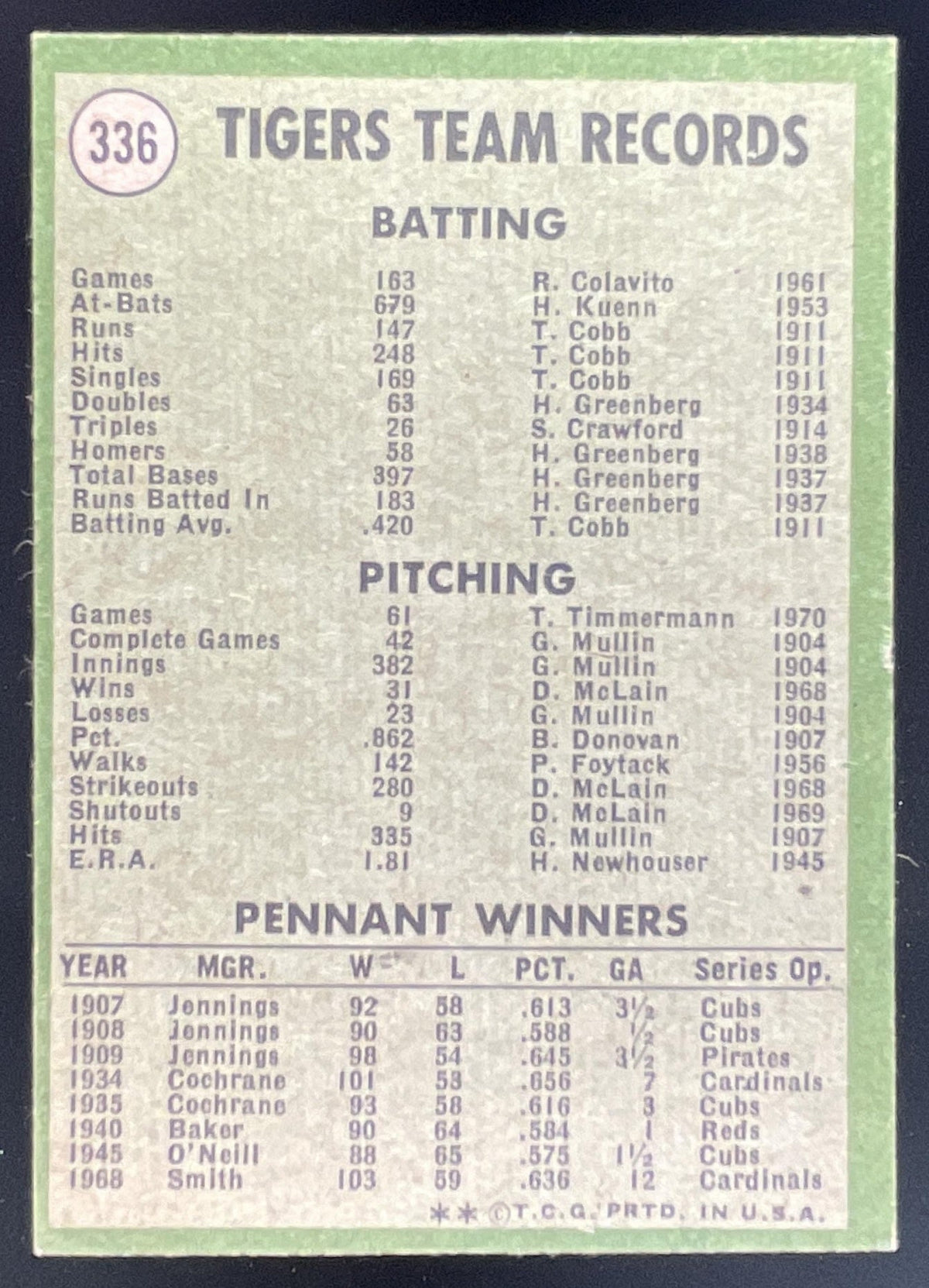 1971 Topps #336 Detroit Tigers product image 2, provided for visual reference and product detail review