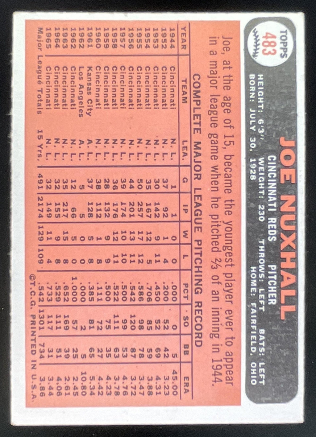 1966 Topps #483 Joe Nuxhall product image 2, provided for visual reference and product detail review