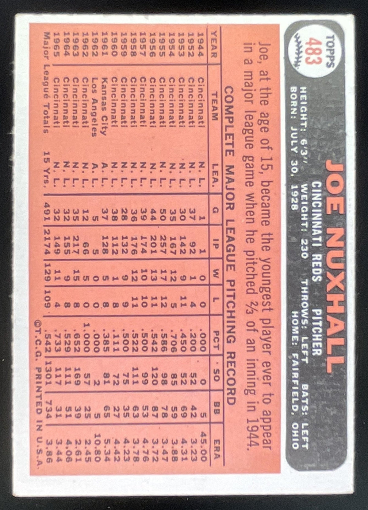 1966 Topps #483 Joe Nuxhall product image 2, provided for visual reference and product detail review