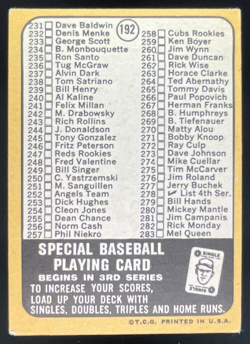 1968 Topps #192 3rd Series Checklist 197-283 Carl Yastrzemski product image 2, provided for visual reference and product