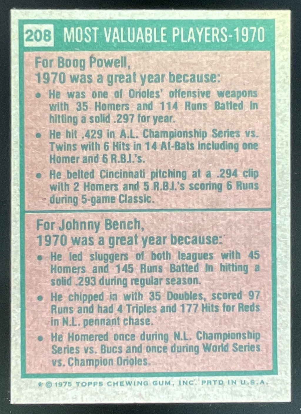 1975 Topps #208 1970s Boog Powell Johnny Bench MVP product image 2, provided for visual reference and product detail review