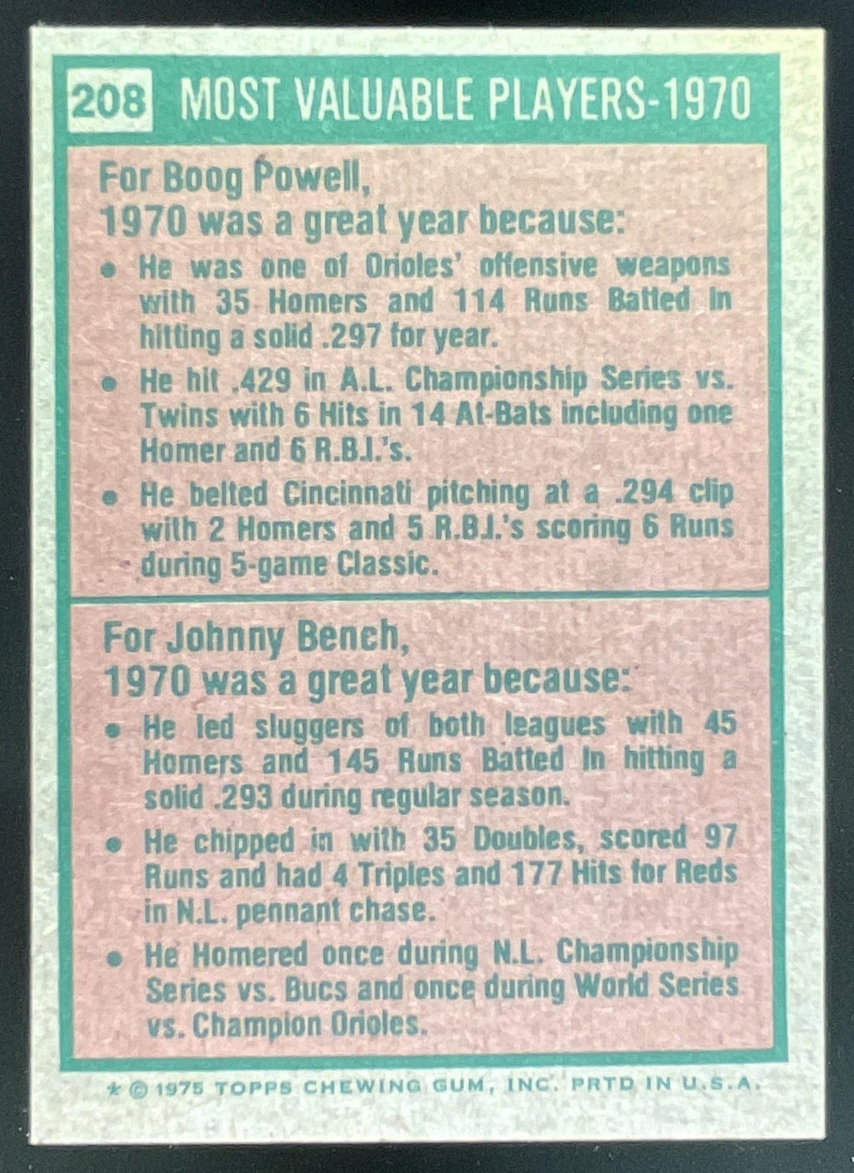 1975 Topps #208 1970s Boog Powell Johnny Bench MVP product image 2, provided for visual reference and product detail review