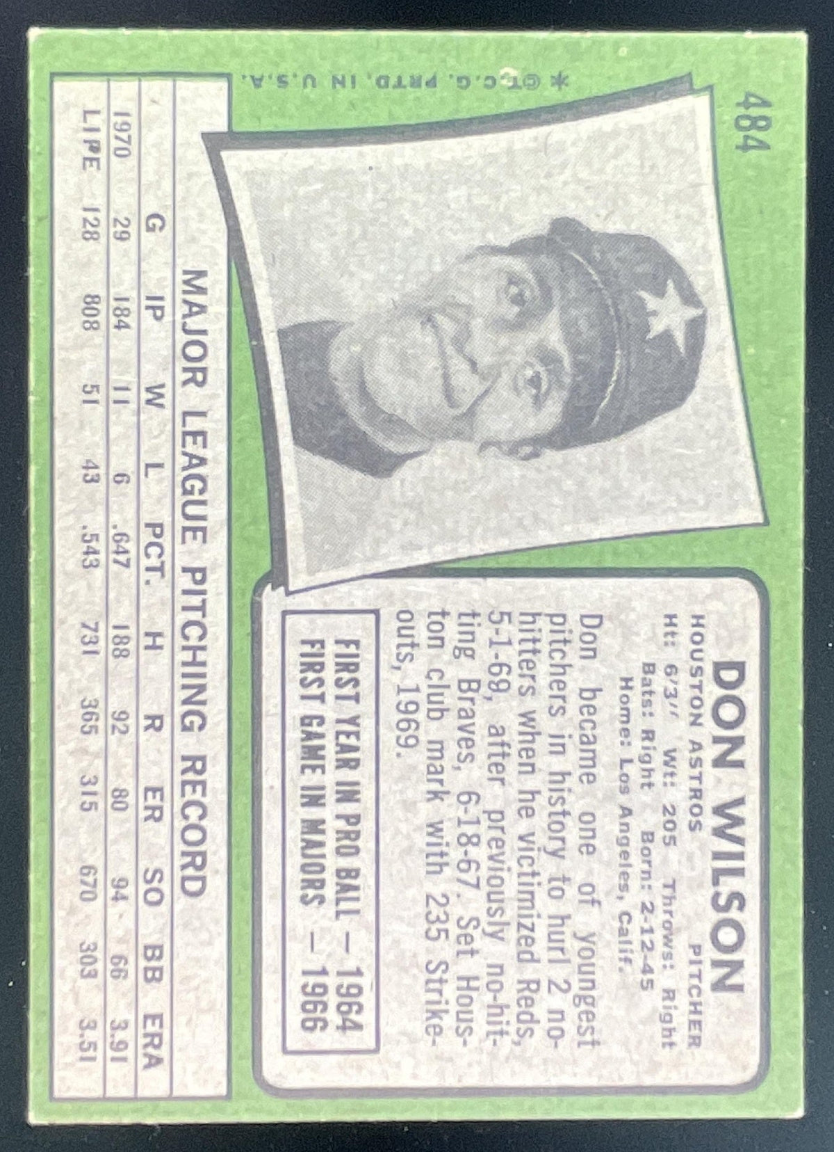 1971 Topps #484 Don Wilson product image 2, provided for visual reference and product detail review