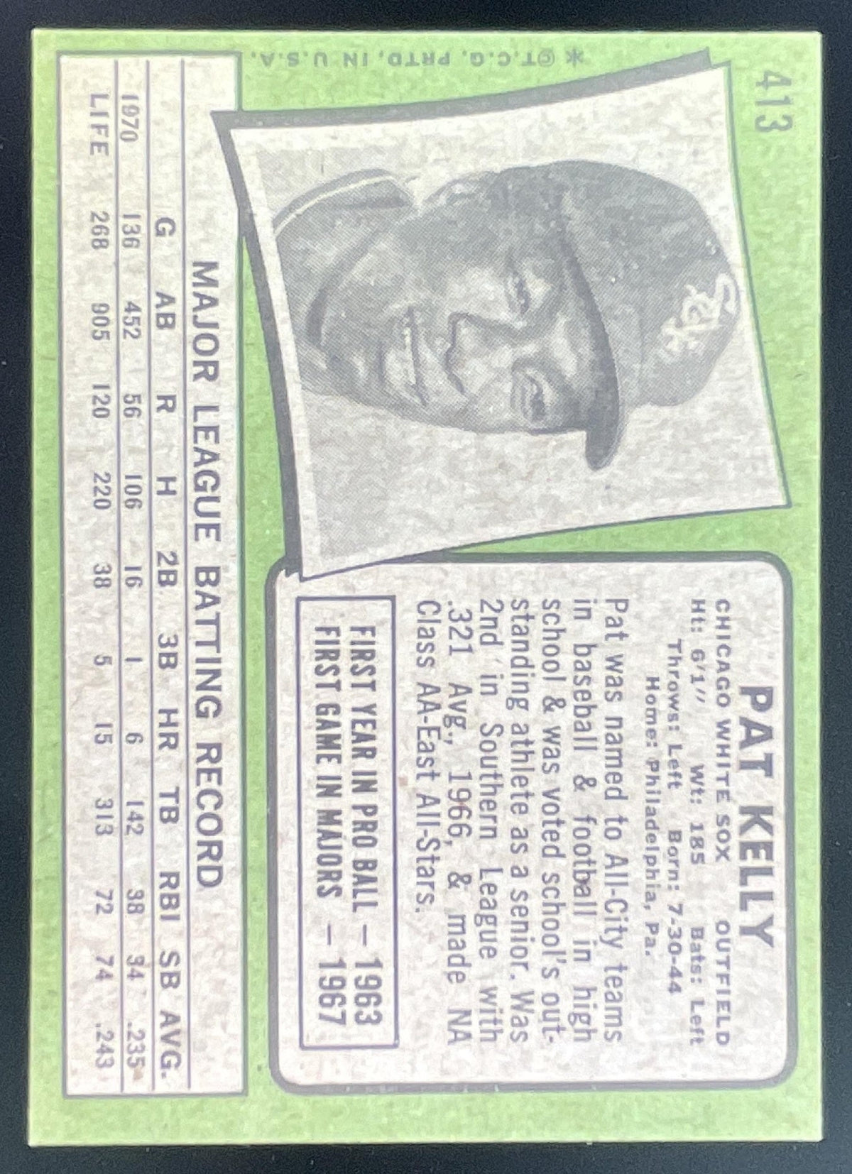 1971 Topps #413 Pat Kelly product image 2, provided for visual reference and product detail review