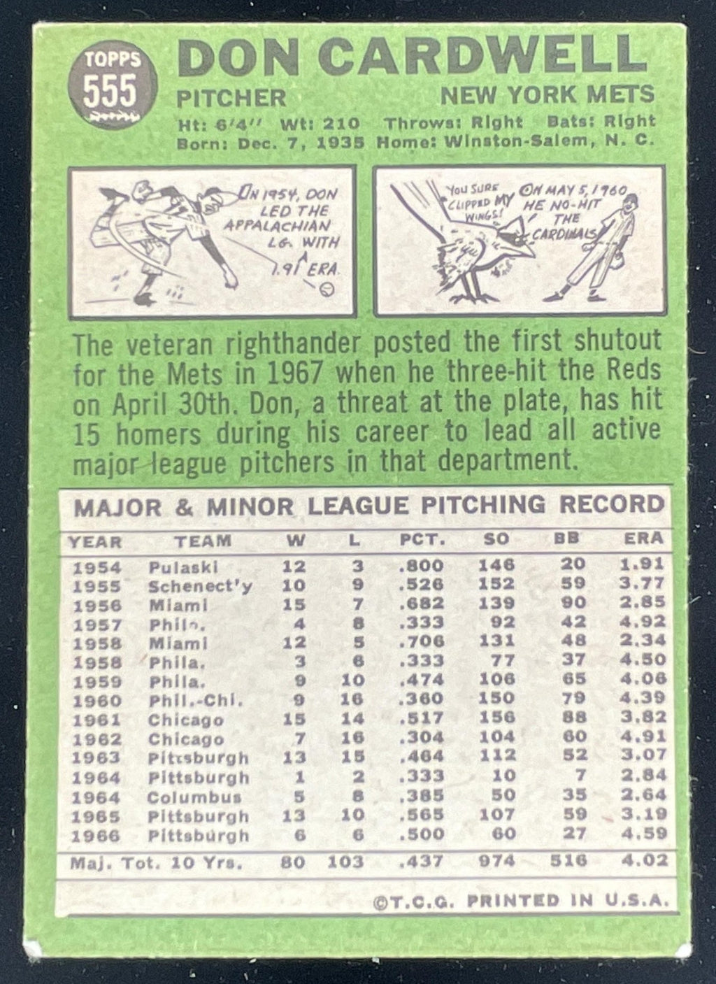 1967 Topps #555 Don Cardwell product image 2, provided for visual reference and product detail review
