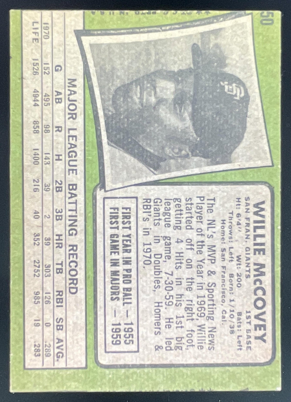 1971 Topps #50 Willie McCovey product image 2, provided for visual reference and product detail review