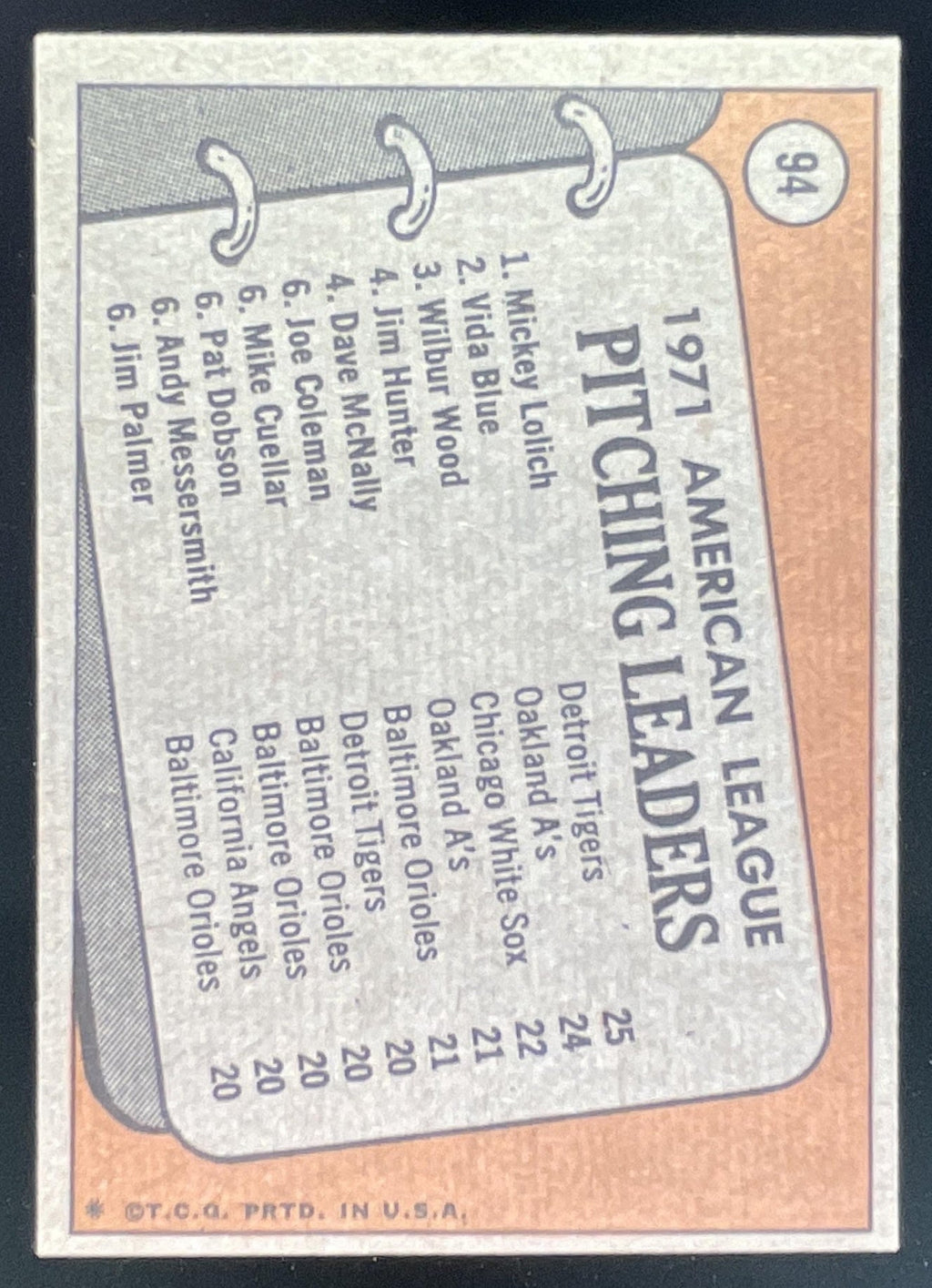 1972 Topps #94 Mickey Lolich Vida Blue Wilbur Wood League Leaders product image 2, provided for visual reference and product