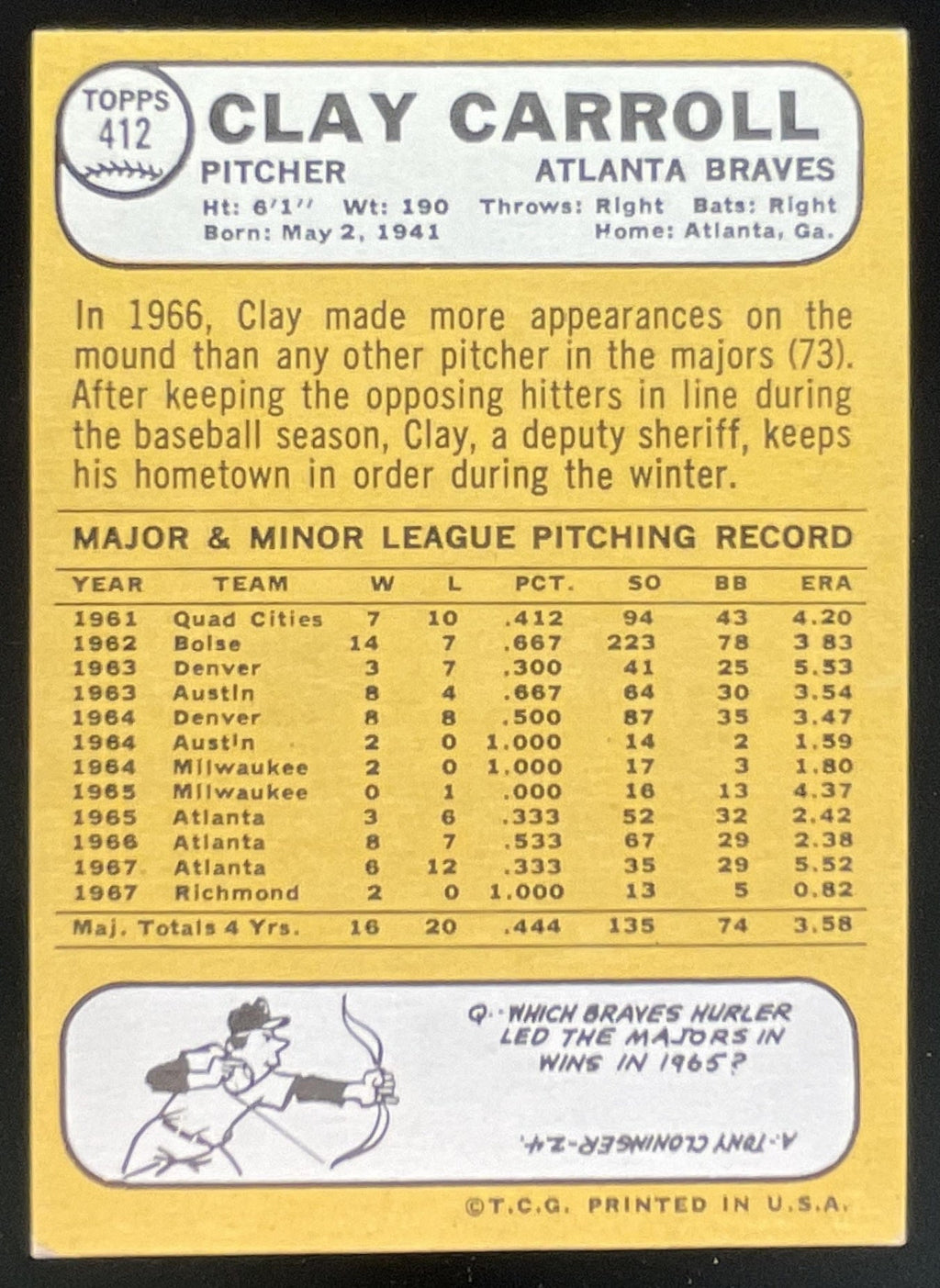 1968 Topps #412 Clay Carroll product image 2, provided for visual reference and product detail review