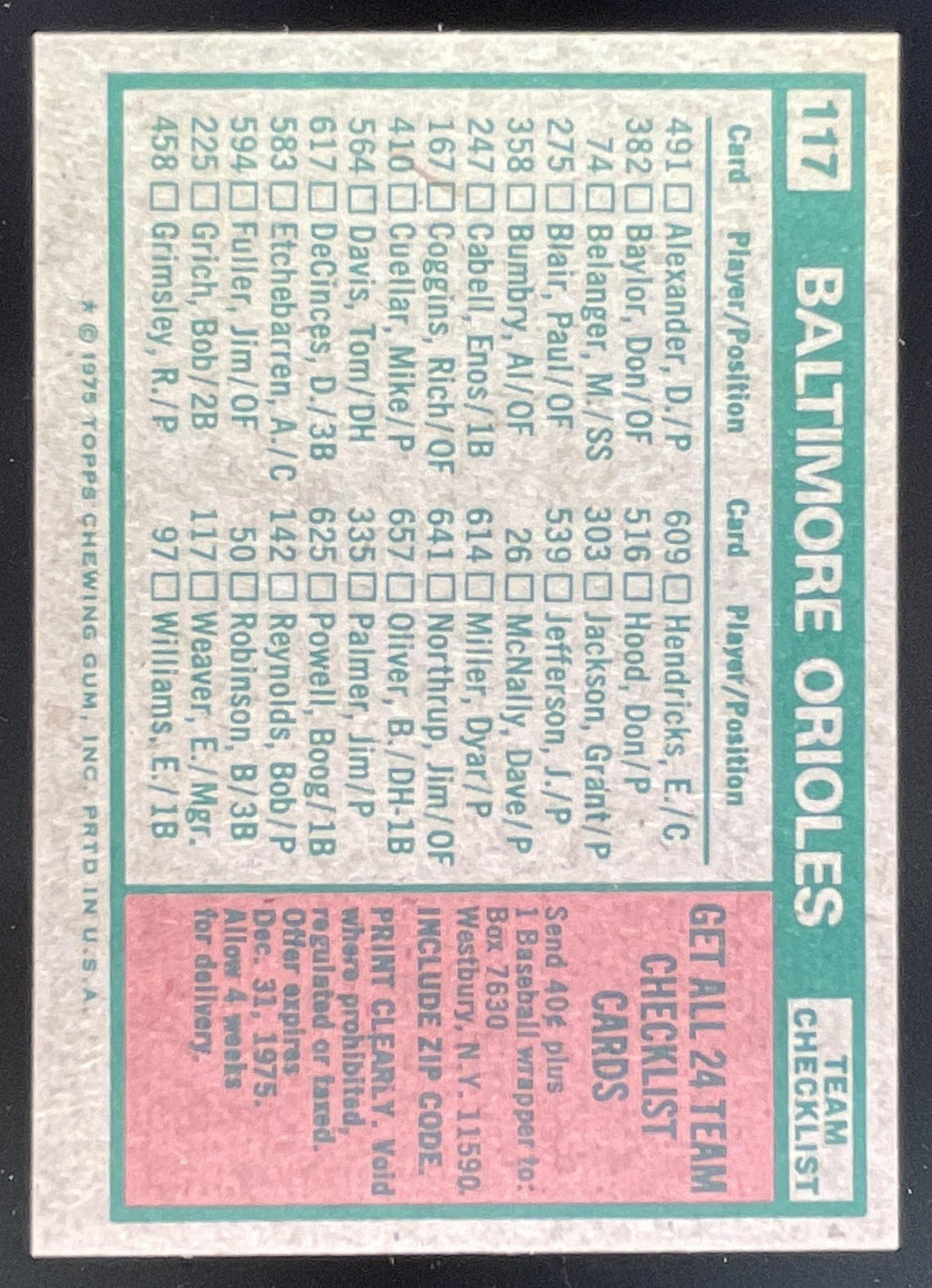 1975 Topps #117 Baltimore Orioles Earl Weaver MGR Checklist Card Team Card product image 2, provided for visual reference