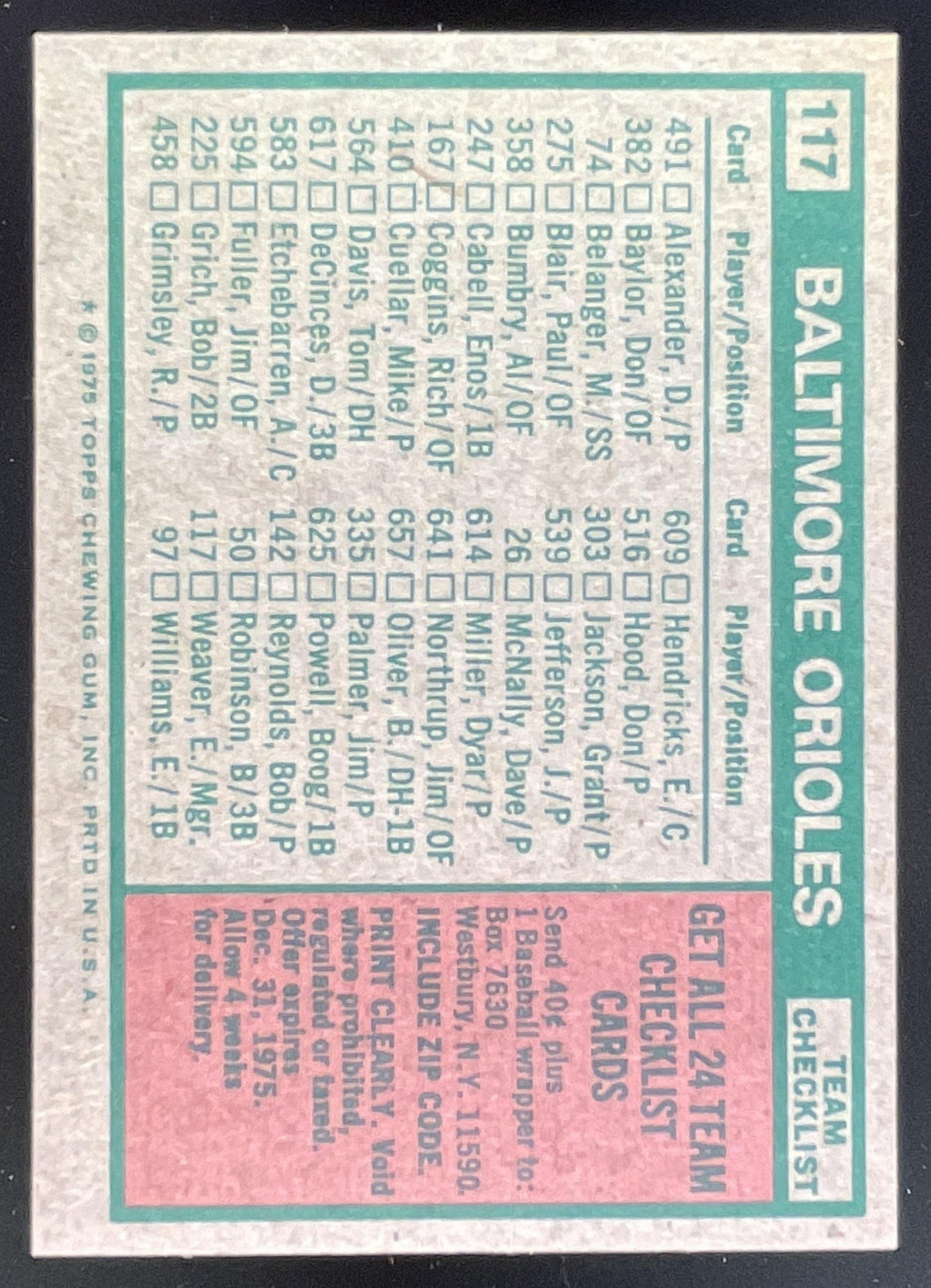 1975 Topps #117 Baltimore Orioles Earl Weaver MGR Checklist Card Team Card product image 2, provided for visual reference