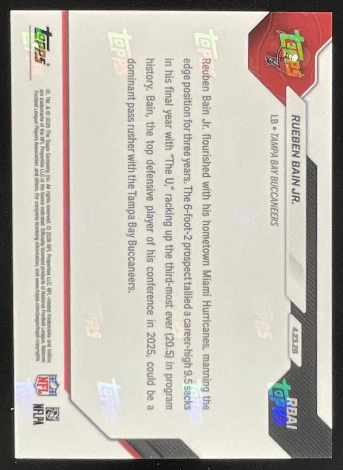 2026 Topps Now Orange #RBAI Rueben Bain RC Rookie /25 product image 2, provided for visual reference and product detail