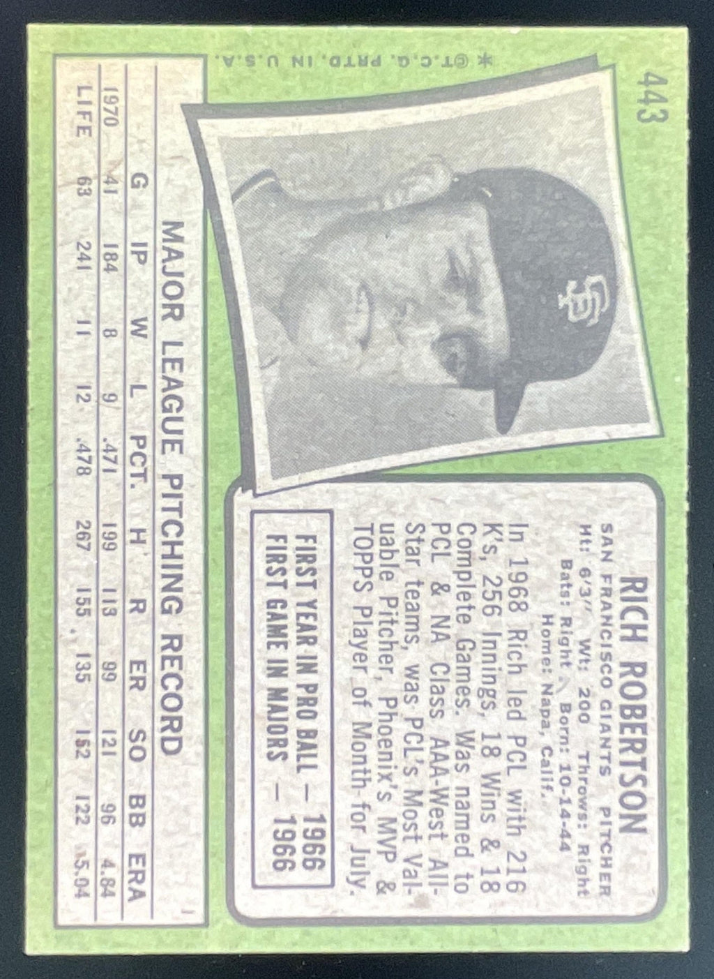 1971 Topps #443 Rich Robertson product image 2, provided for visual reference and product detail review