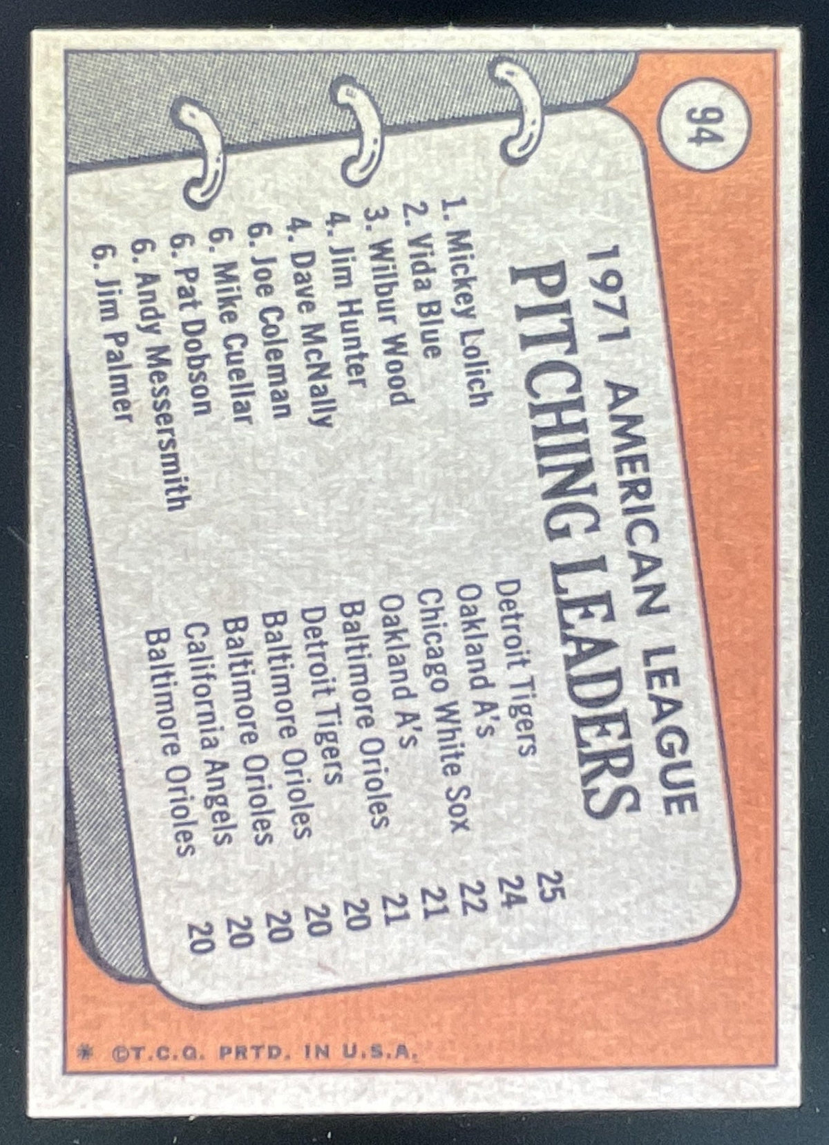 1972 Topps #94 Mickey Lolich Vida Blue Wilbur Wood League Leaders product image 2, provided for visual reference and product