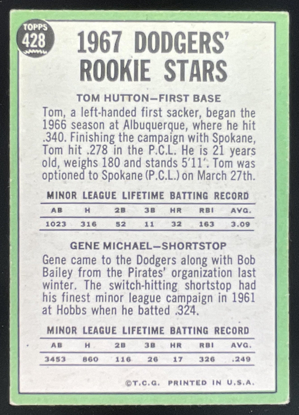 1967 Topps #428 Dodgers 1967 Rookie Stars Tom Hutton Gene Michael RS, RC product image 2, provided for visual reference and