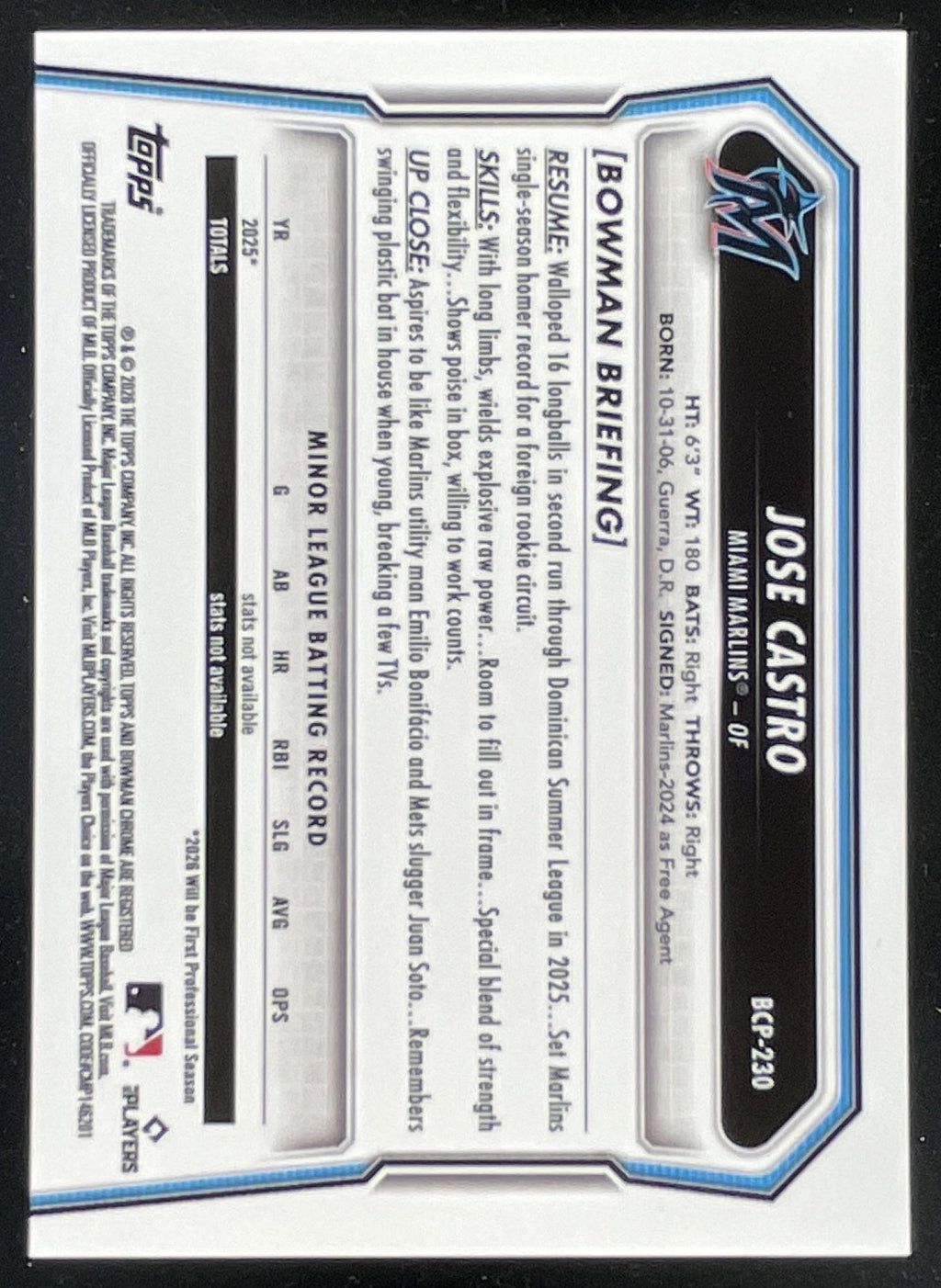 2026 Bowman Chrome Prospects Packfractor Variation #BCP-230 Jose Castro /89 product image 2, provided for visual reference