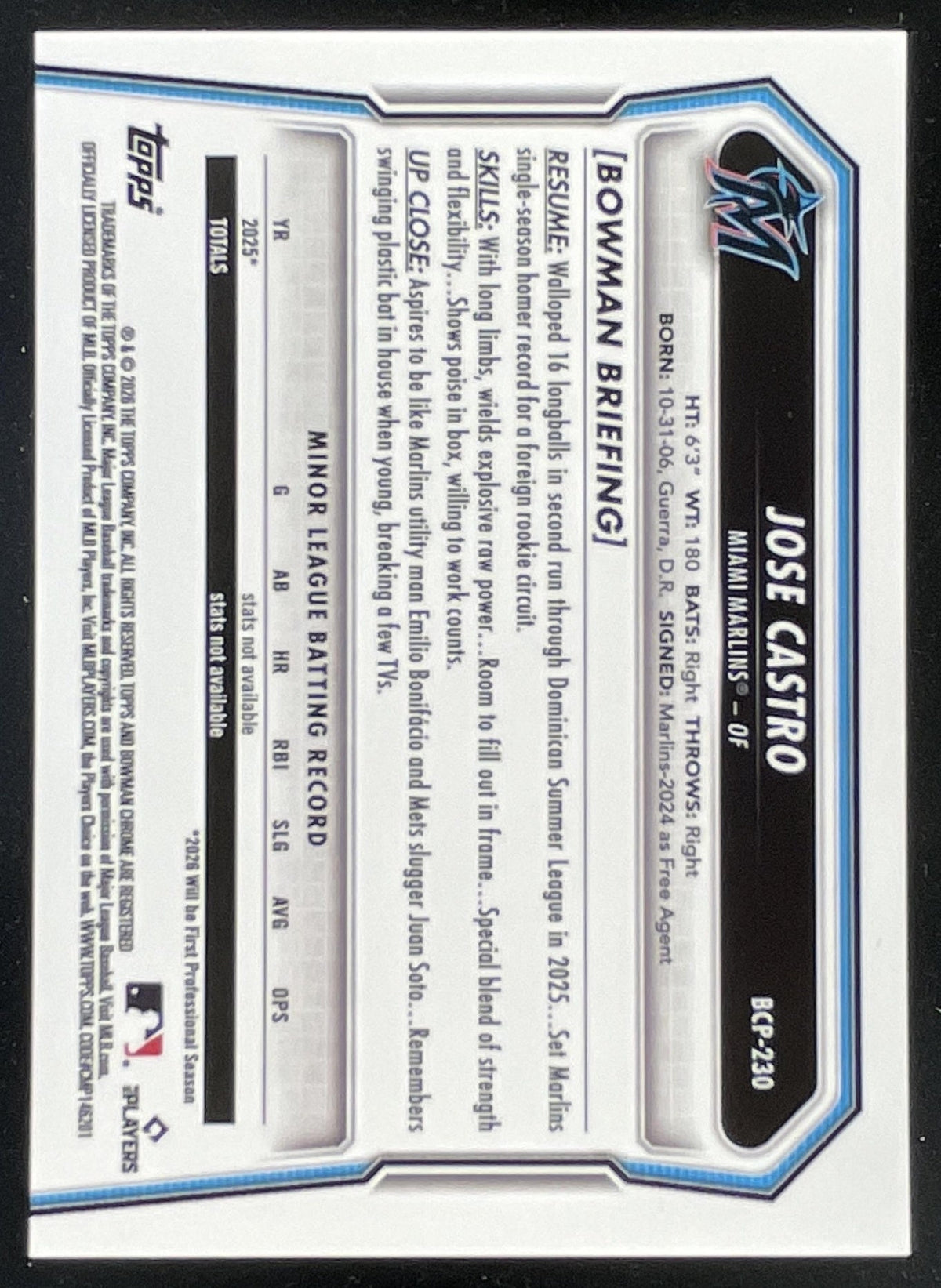 2026 Bowman Chrome Prospects Packfractor Variation #BCP-230 Jose Castro /89 product image 2, provided for visual reference