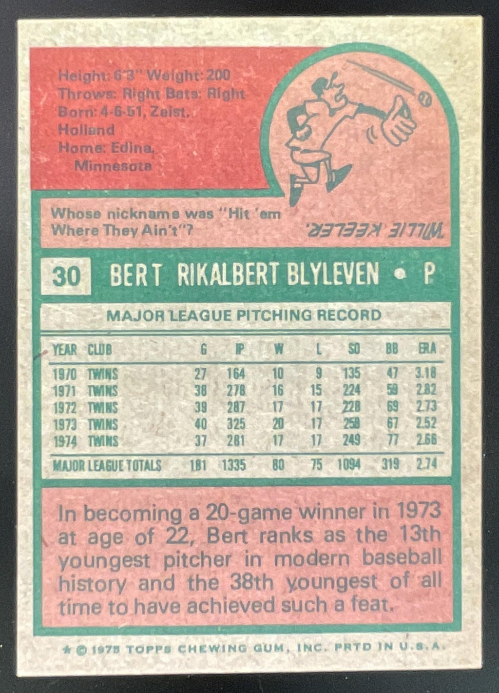 1975 Topps #30 Bert Blyleven product image 2, provided for visual reference and product detail review