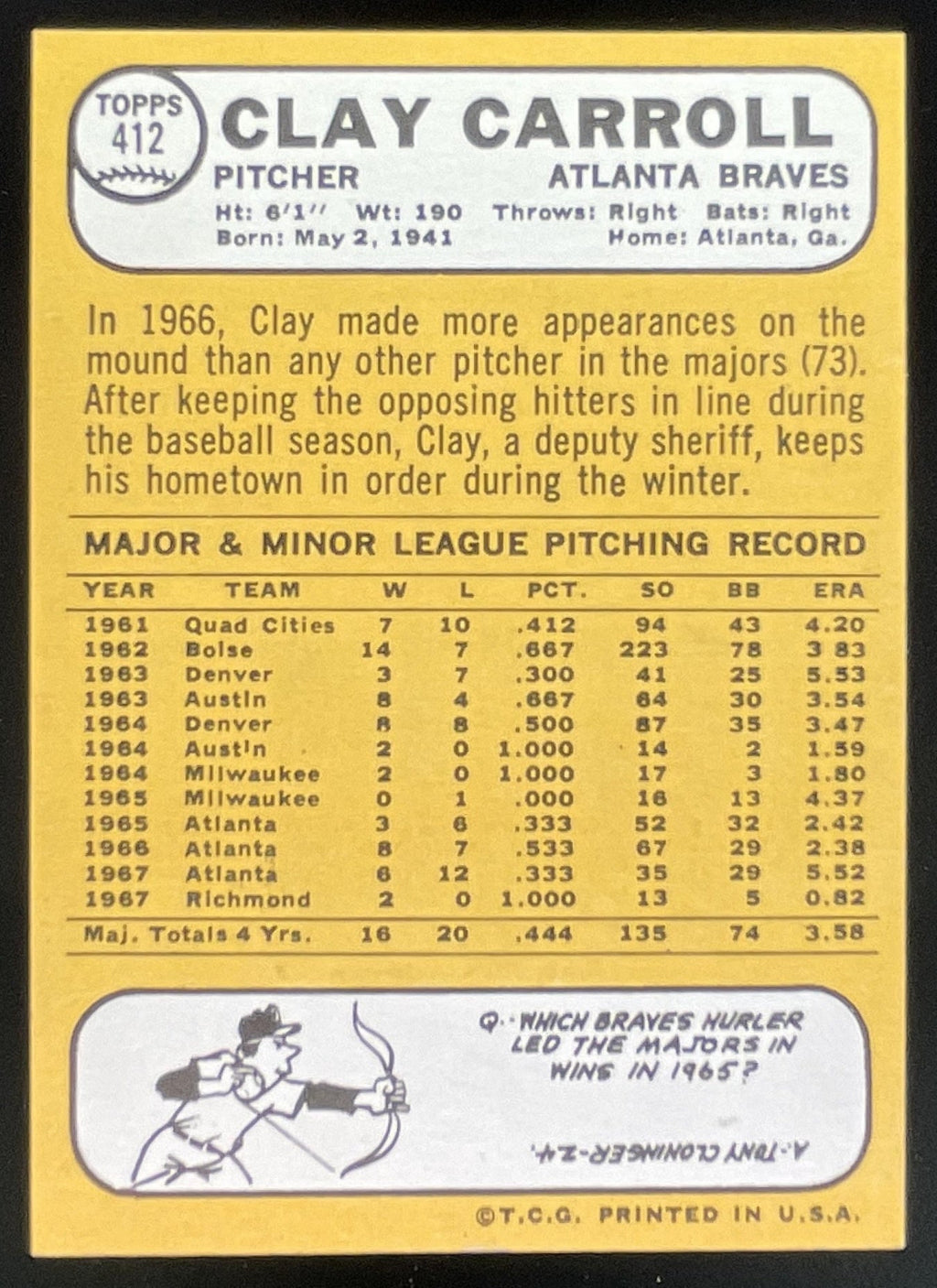 1968 Topps #412 Clay Carroll product image 2, provided for visual reference and product detail review