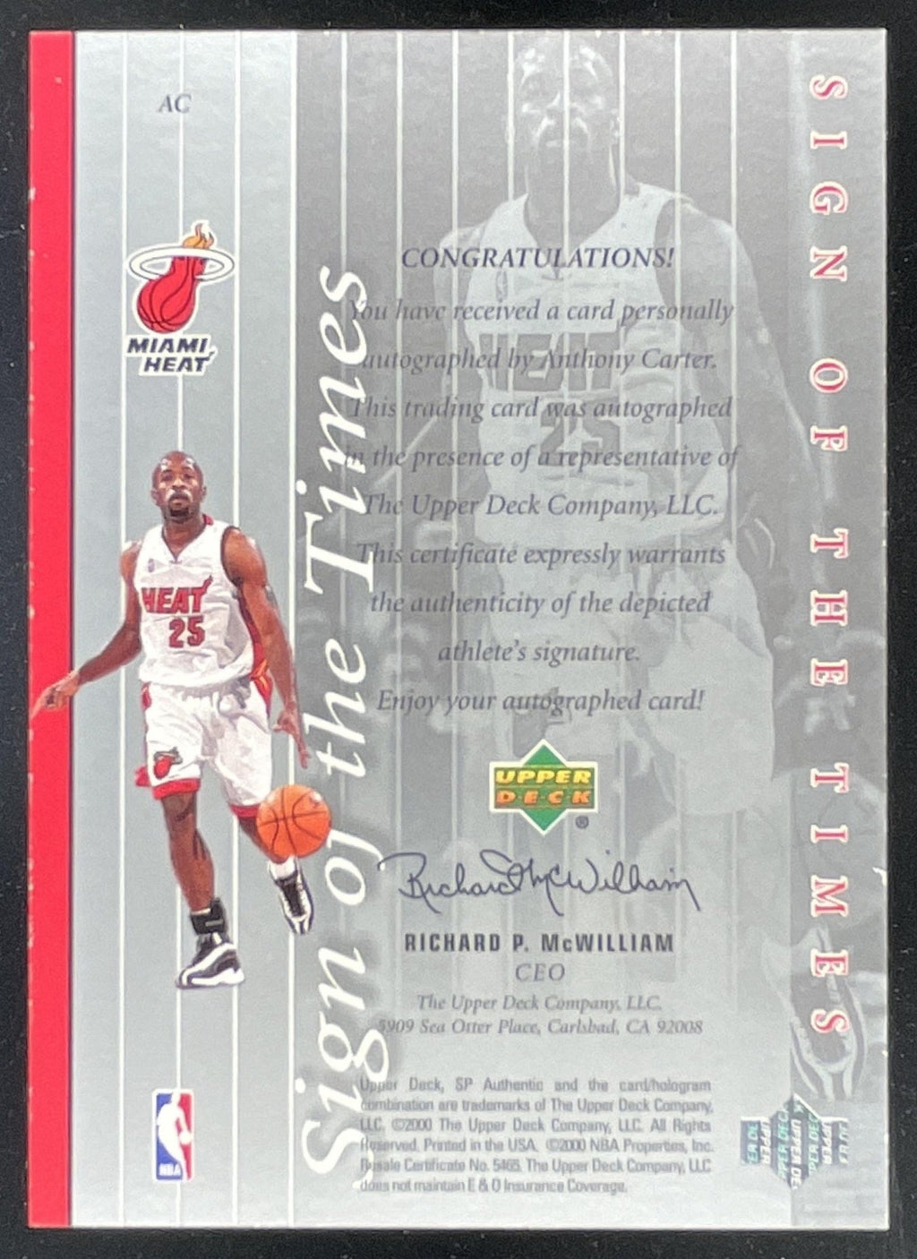 1999-00 SP Authentic Sign of the Times #AC Anthony Carter Auto product image 2, provided for visual reference and product