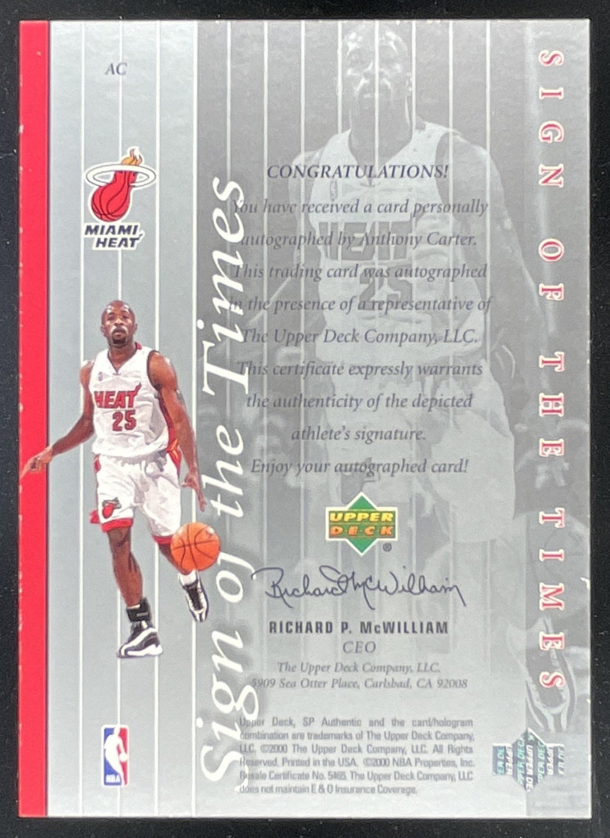 1999-00 SP Authentic Sign of the Times #AC Anthony Carter Auto product image 2, provided for visual reference and product