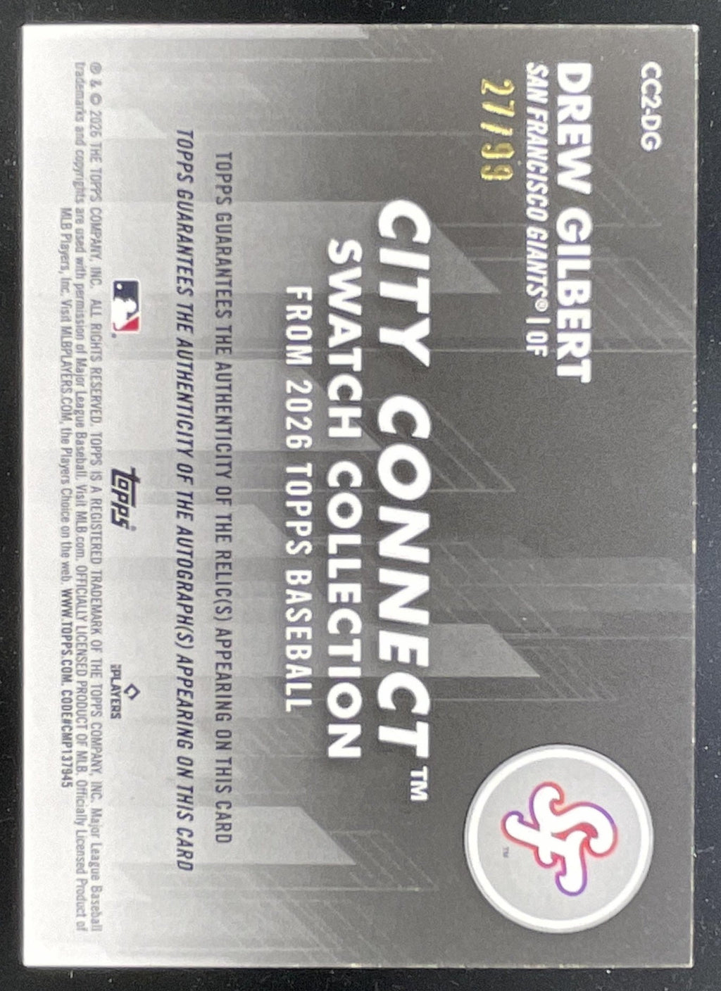 2026 Topps City Connect Swatch Collection Relic #CC2-DG Drew Gilbert RC Auto /99 product image 2, provided for visual