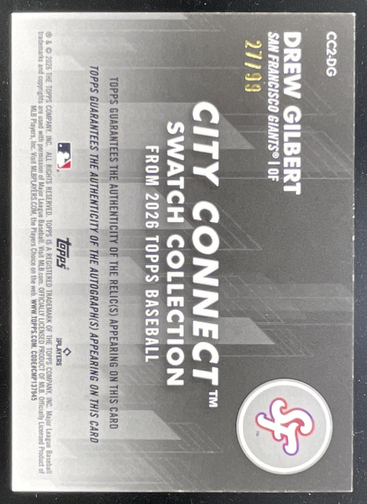 2026 Topps City Connect Swatch Collection Relic #CC2-DG Drew Gilbert RC Auto /99 product image 2, provided for visual