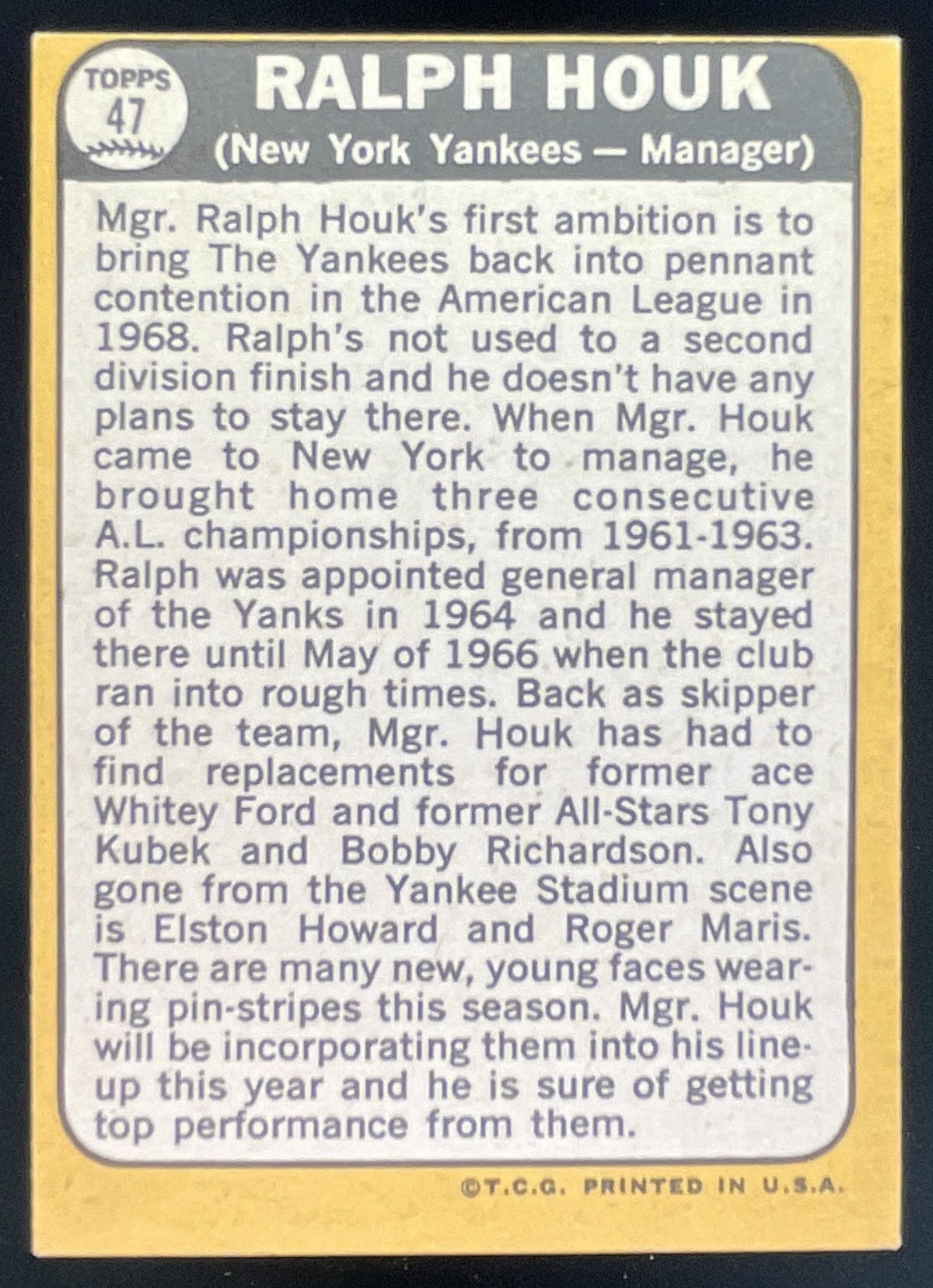 1968 Topps #47 Ralph Houk product image 2, provided for visual reference and product detail review