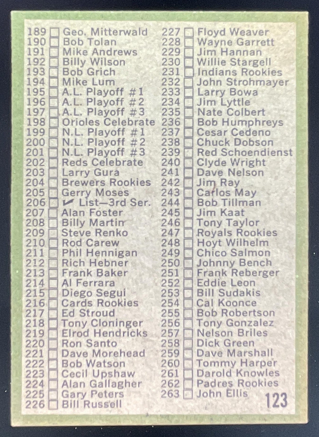 1971 Topps #123a Checklist: 133-263 VAR product image 2, provided for visual reference and product detail review