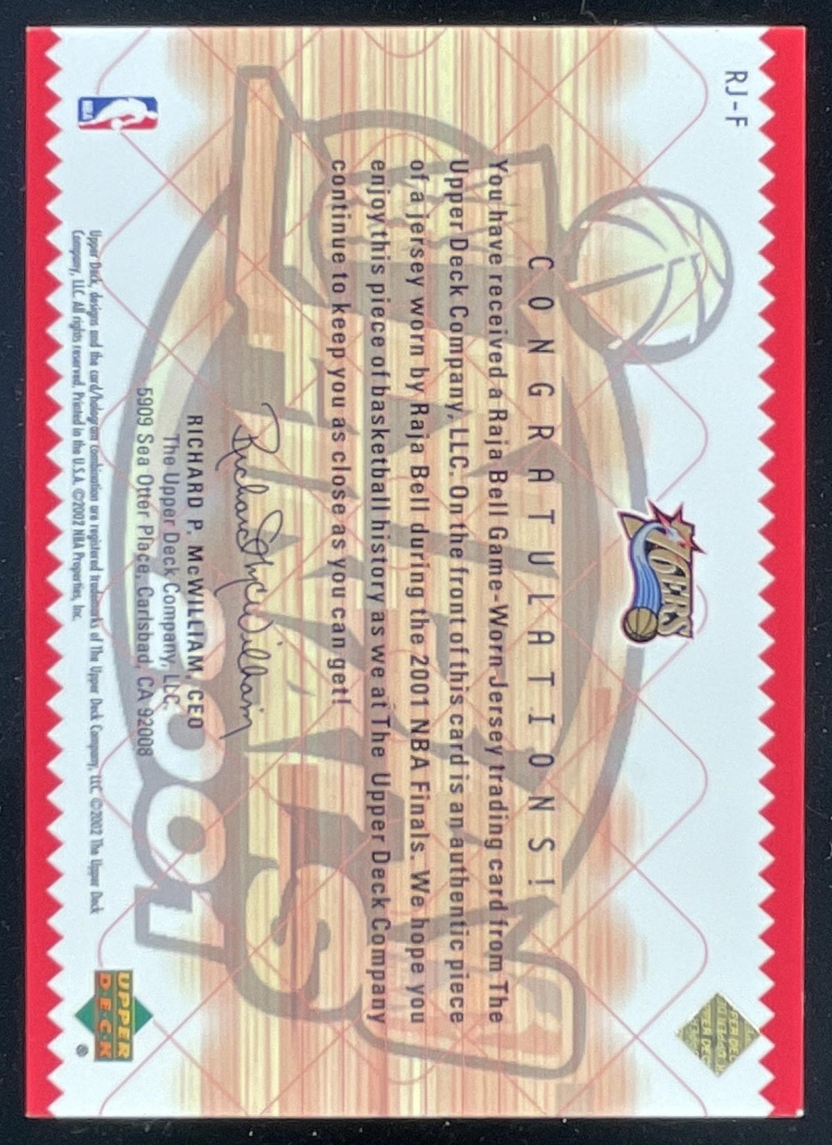 2001-02 Upper Deck NBA Finals Fabrics #RJ-F Raja Bell RC product image 2, provided for visual reference and product detail