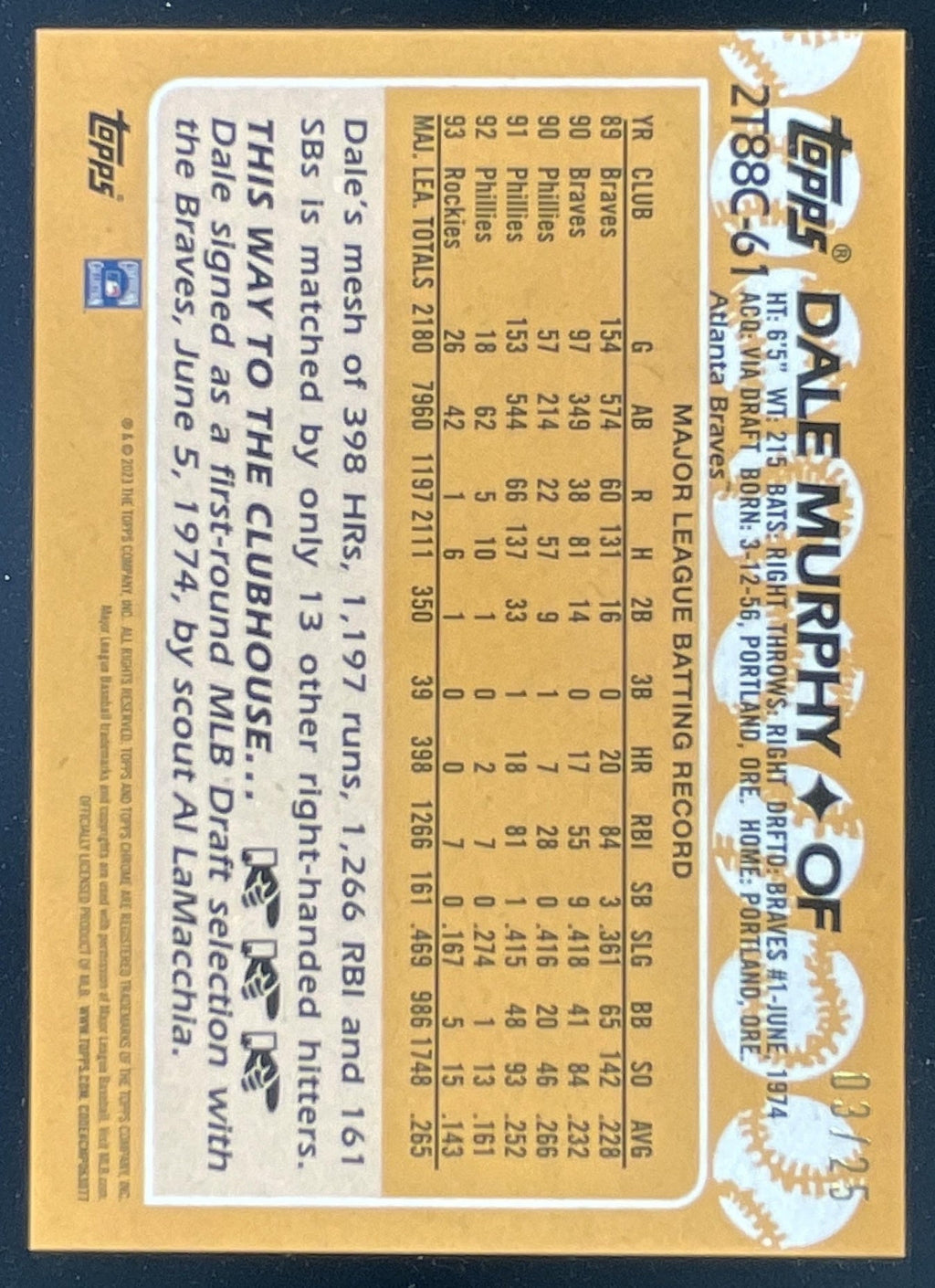 2023 Topps 1988 35th Anniversary Chrome Orange #2T88C-61 Dale Murphy /25 product image 2, provided for visual reference and
