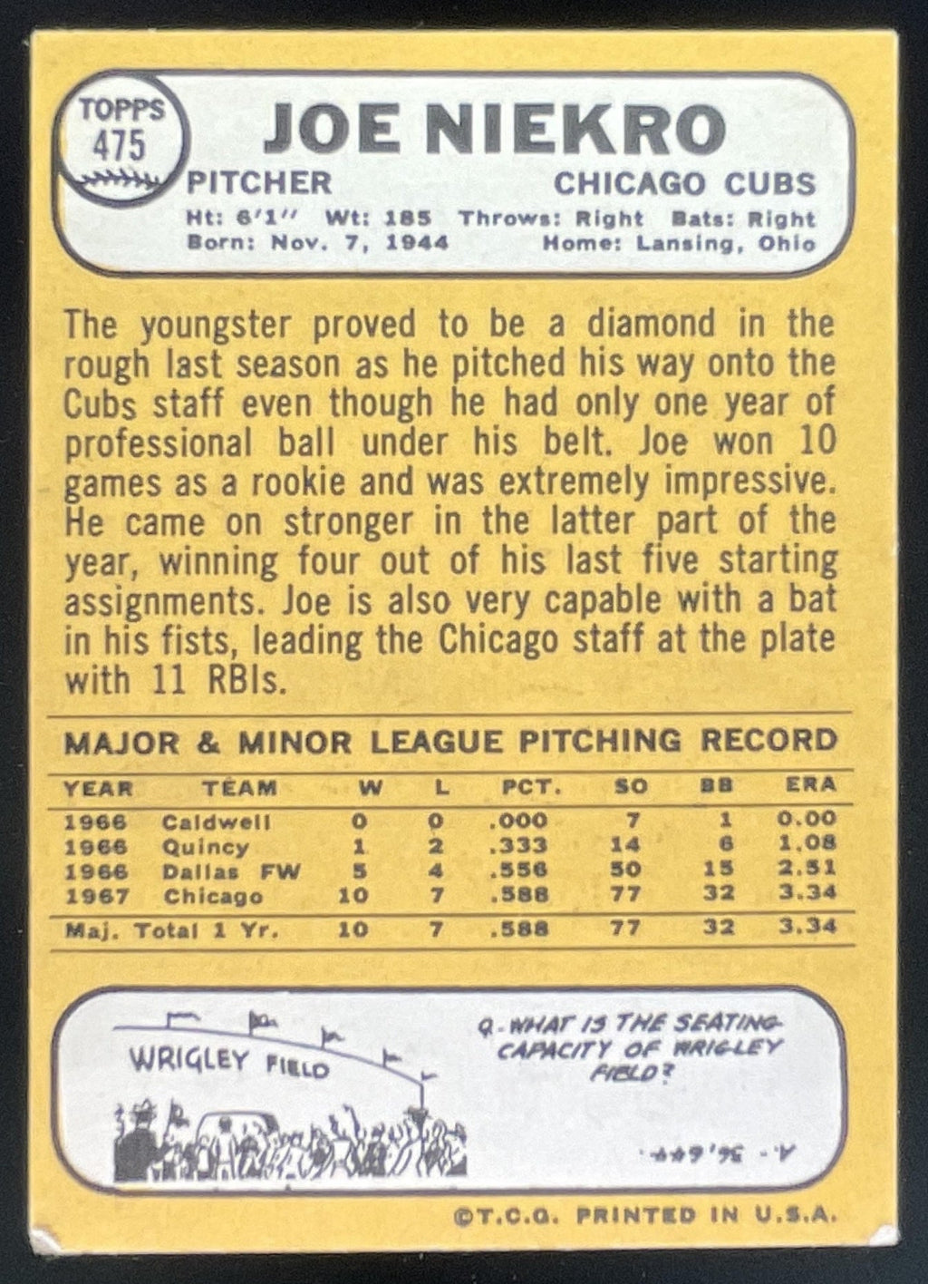 1968 Topps #475 Joe Niekro product image 2, provided for visual reference and product detail review