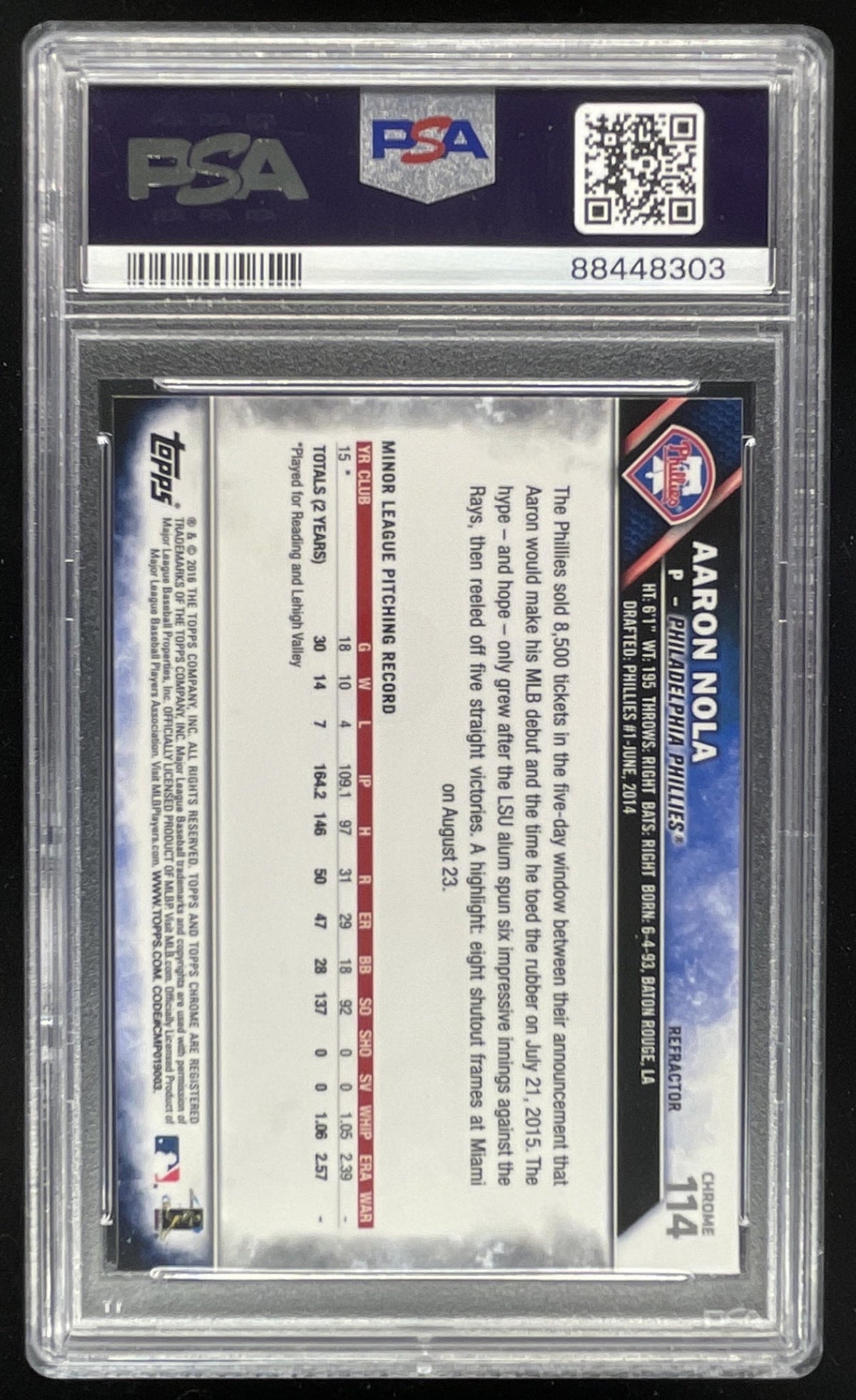 2016 Topps Chrome Refractor #114 Aaron Nola RC PSA 10 product image 2, provided for visual reference and product detail