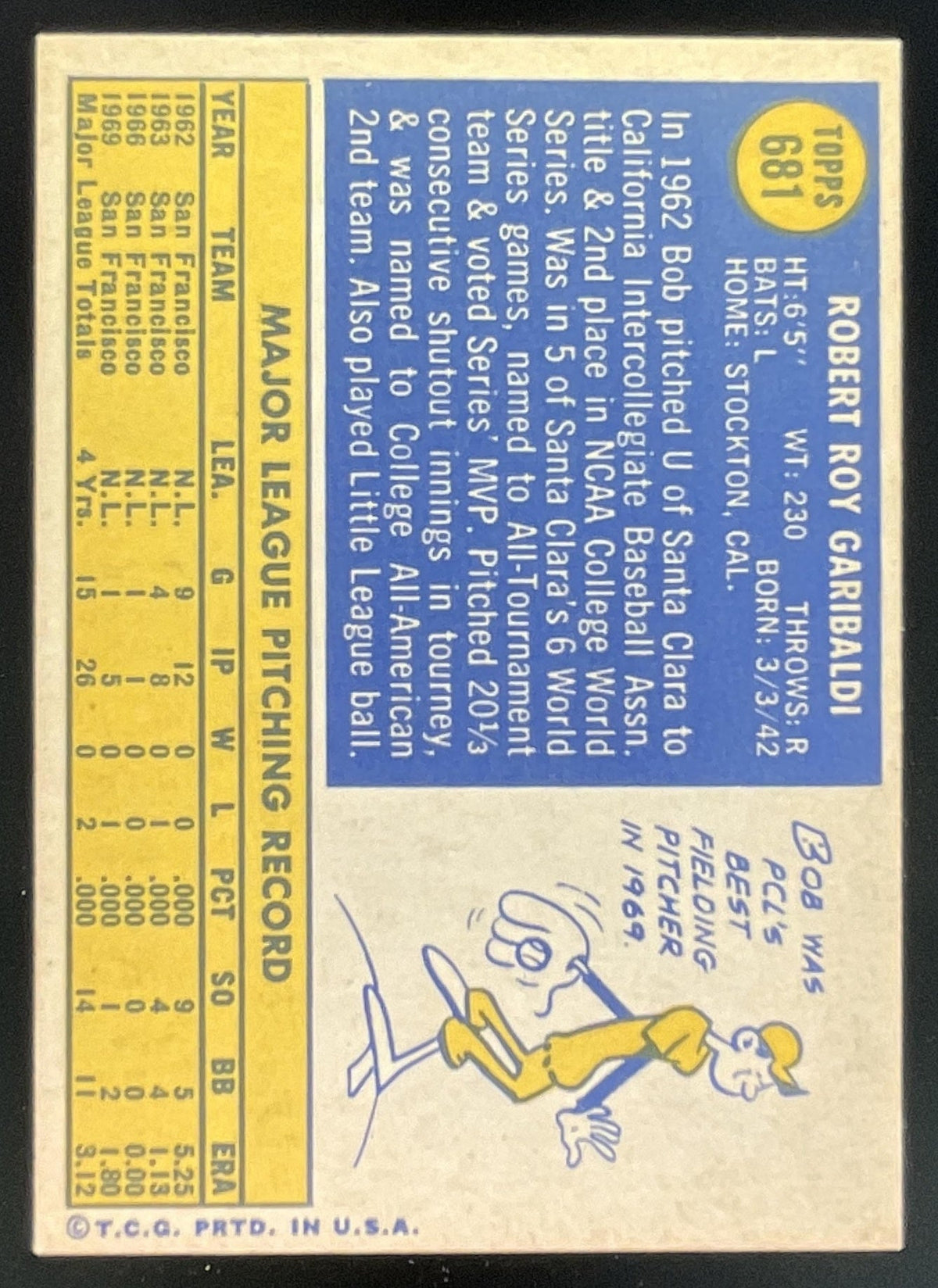 1970 Topps #681 Bob Garibaldi RC product image 2, provided for visual reference and product detail review